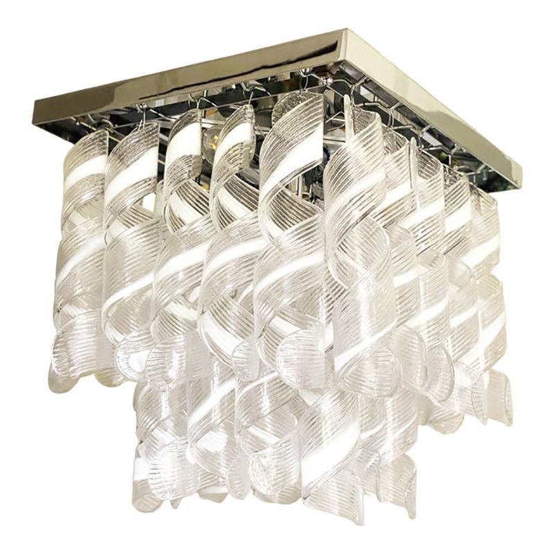 Contemporary Trasparent And White "Ricci Curles" Murano Glass In Mazzega Style Squared Flush Mount