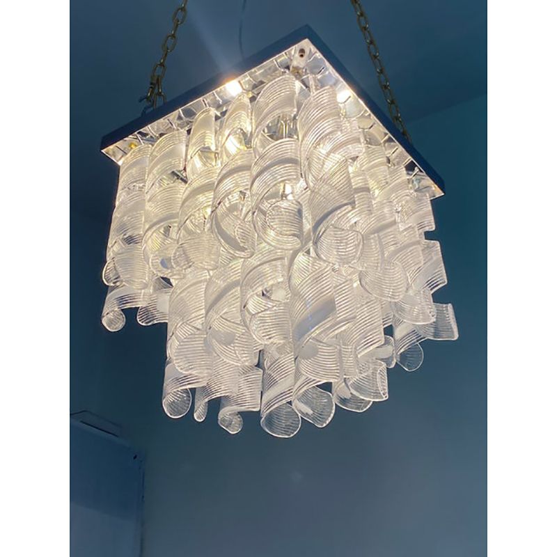 Contemporary Trasparent And White "Ricci Curles" Murano Glass In Mazzega Style Squared Flush Mount photo furniture