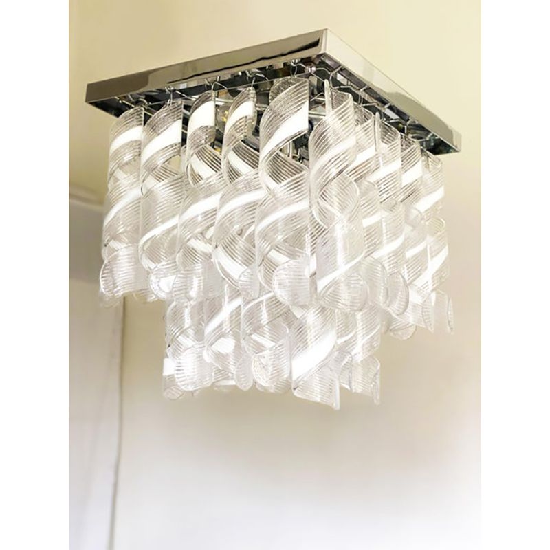 Contemporary Trasparent And White "Ricci Curles" Murano Glass In Mazzega Style Squared Flush Mount photo vinterior