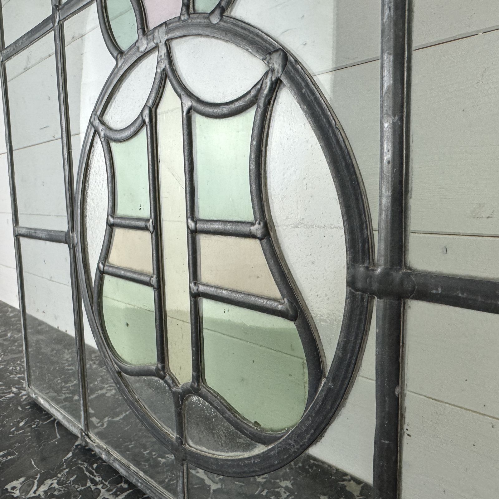 Antique Leaded Light Stained Glass Window With Shield Design photo for sale