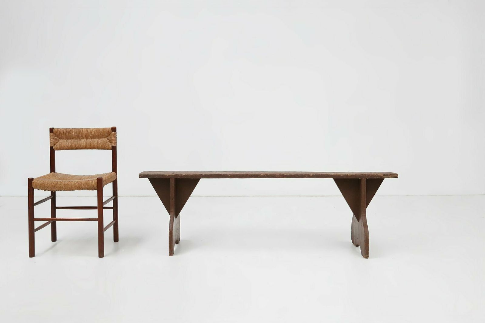 Mid Century Rustic Bench In Brown Painted Wood, France, 1890s photo furniture
