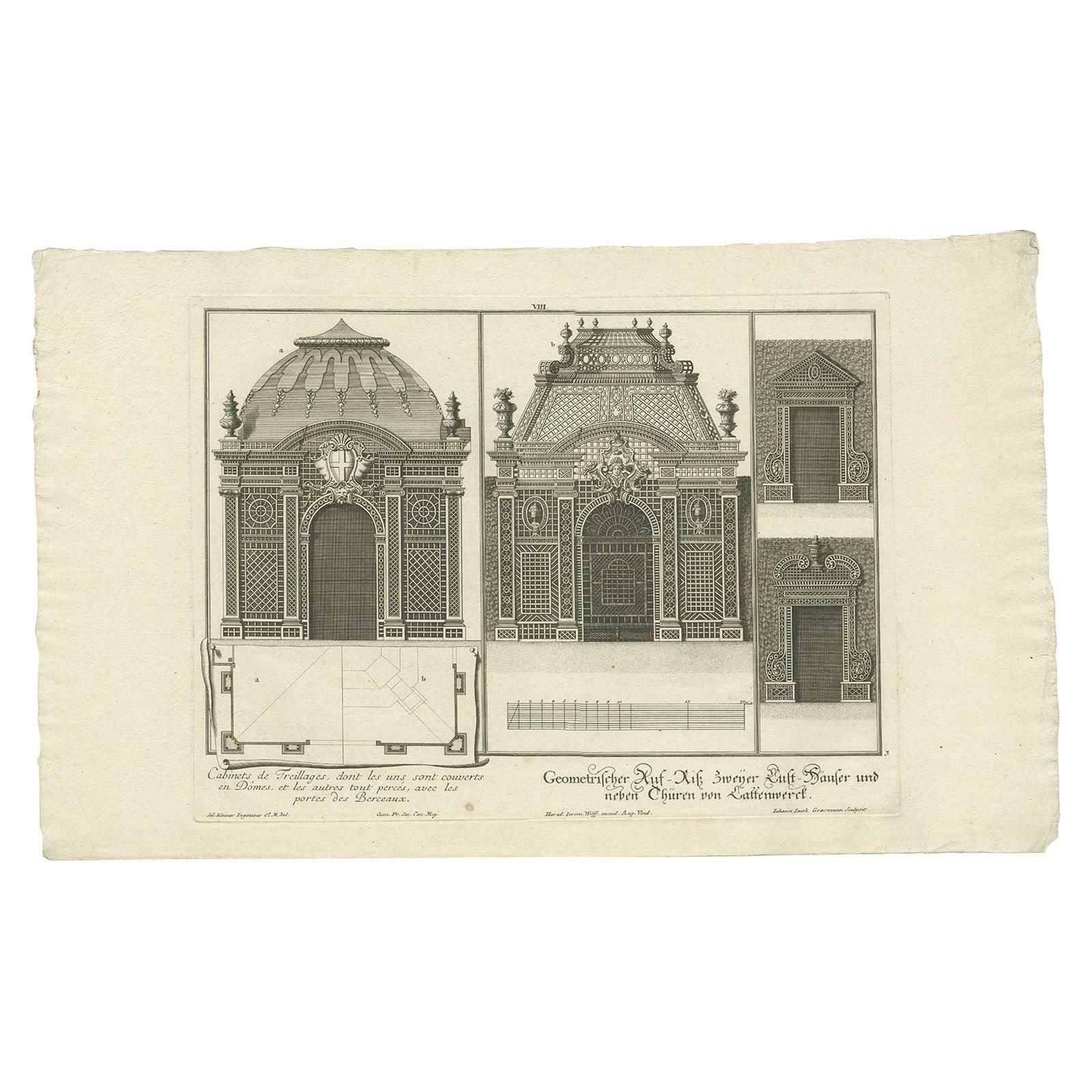 Antique Print Of Two Pavilions And Gates By Wolff '1737'