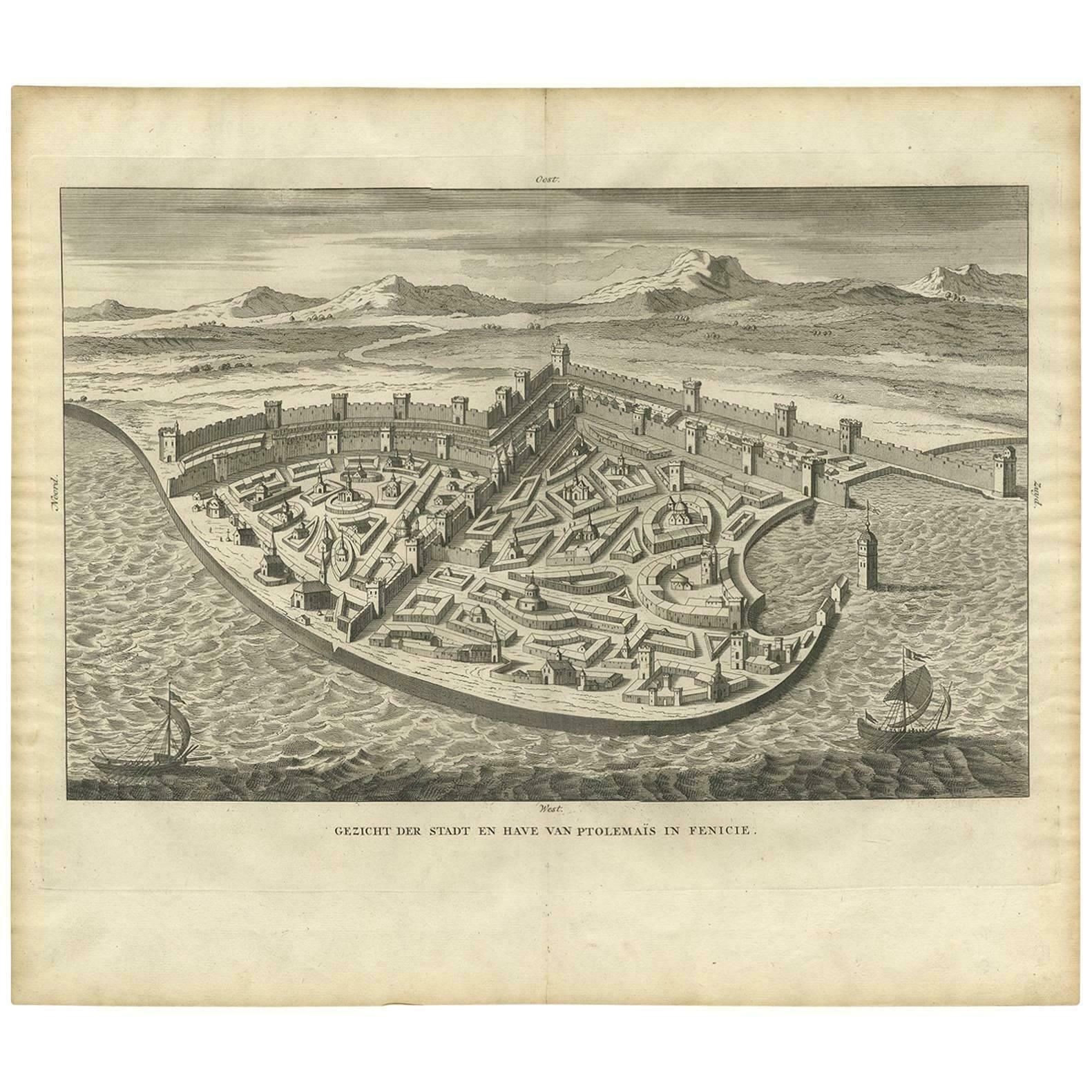 Antique Print Of The City And Port Of Ptolemais In Phoenicia By A. Calmet, 1725