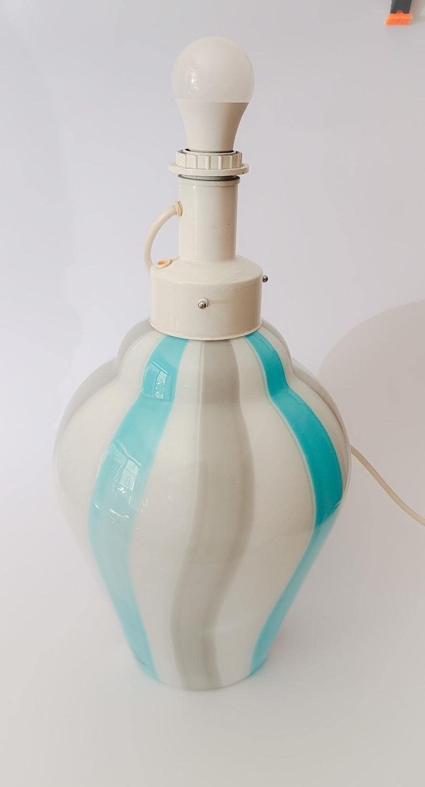 Large Table Lamp In White Murano Glass With Gray And Blue Bands, Vintage La Murrina 2 Lights photo Lighting