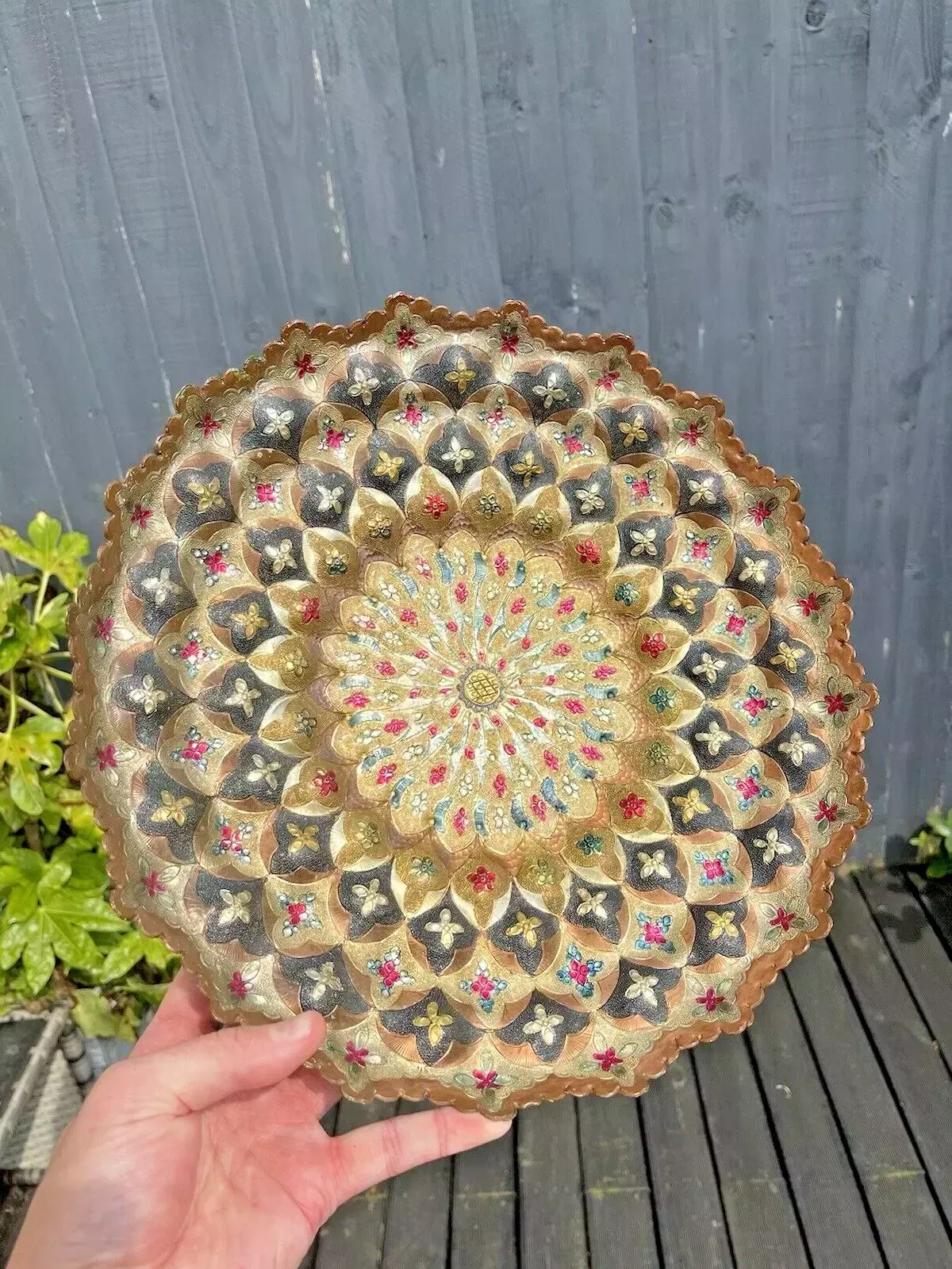Vintage Indian Copper Floral Wall Plaque Plate Dish Multicoloured Boho Bohemian