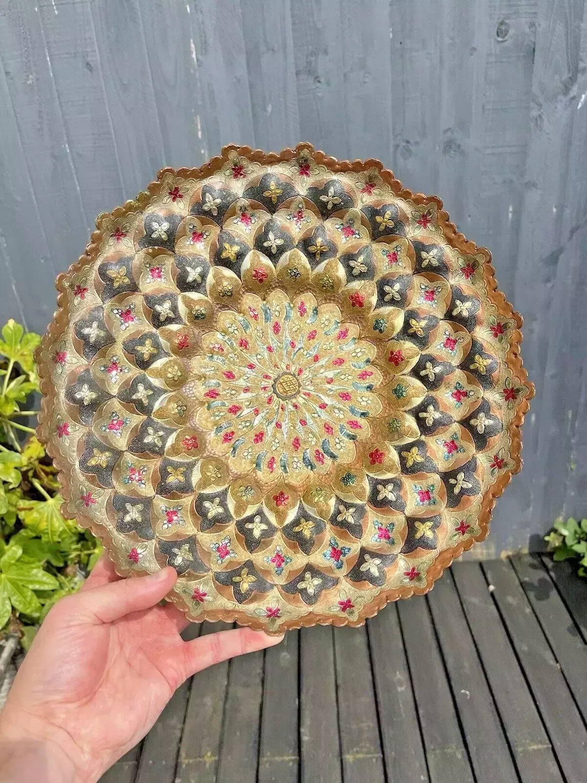Vintage Indian Copper Floral Wall Plaque Plate Dish Multicoloured Boho Bohemian photo furniture