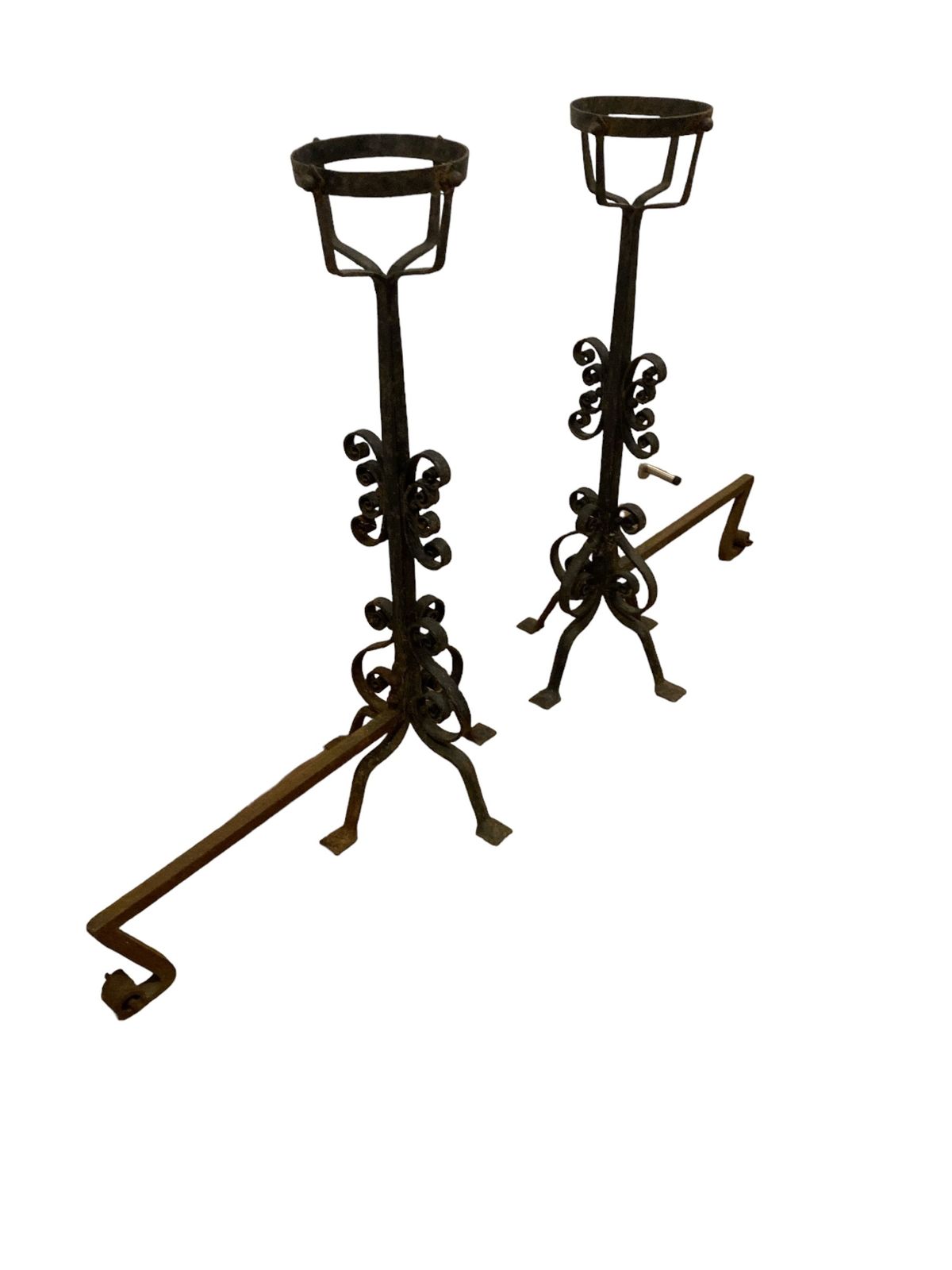 A Pair Of Large French Wrought Iron Fire Dogs With Large Fire Baskets photo Home Decor
