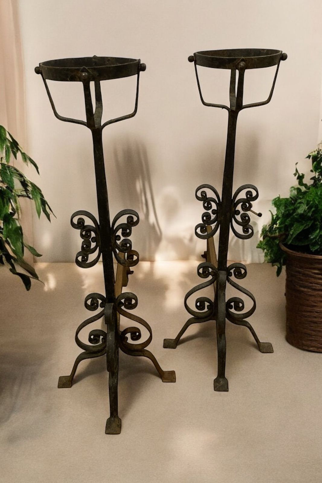 A Pair Of Large French Wrought Iron Fire Dogs With Large Fire Baskets photo vinterior