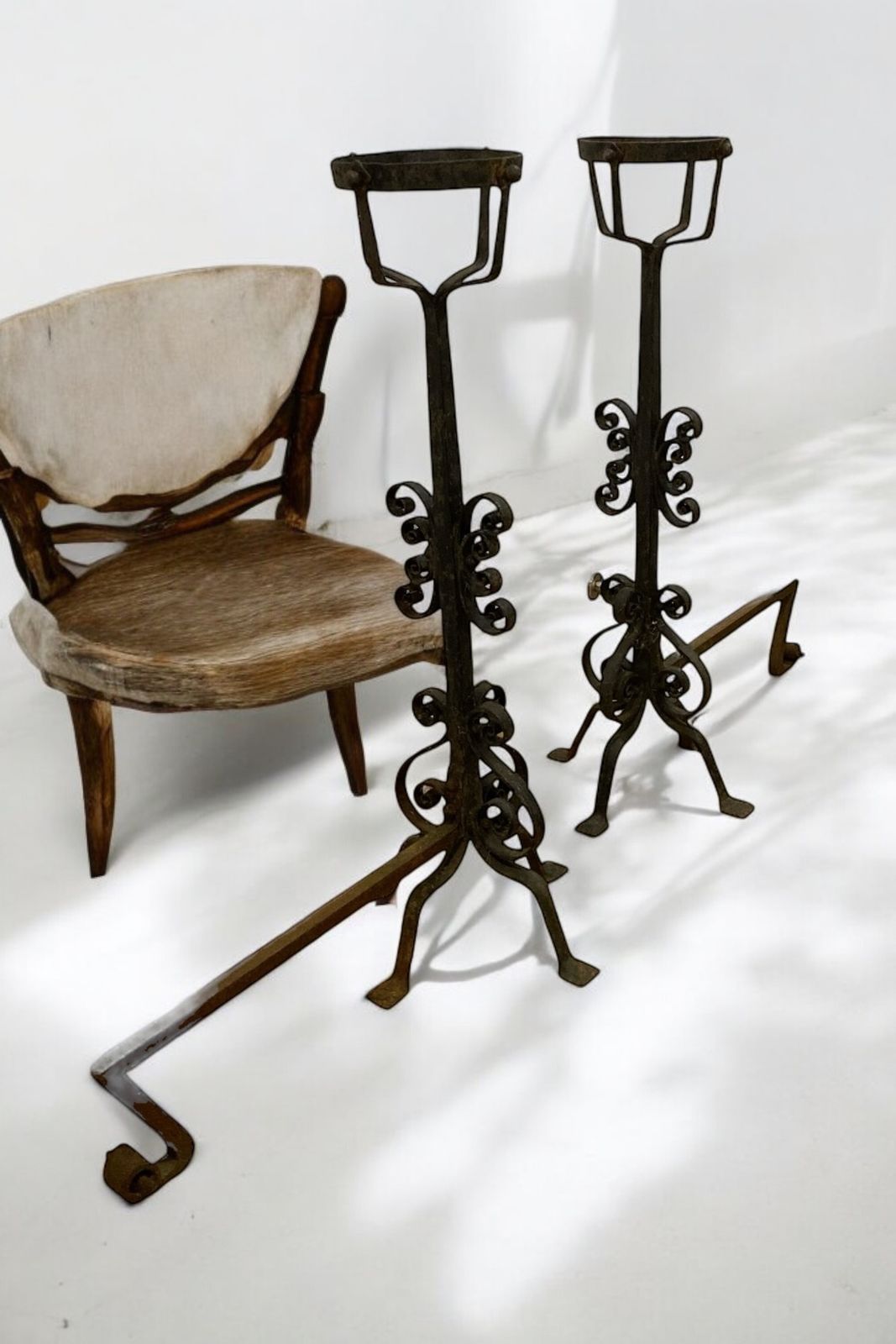 photo for sale A Pair Of Large French Wrought Iron Fire Dogs With Large Fire Baskets