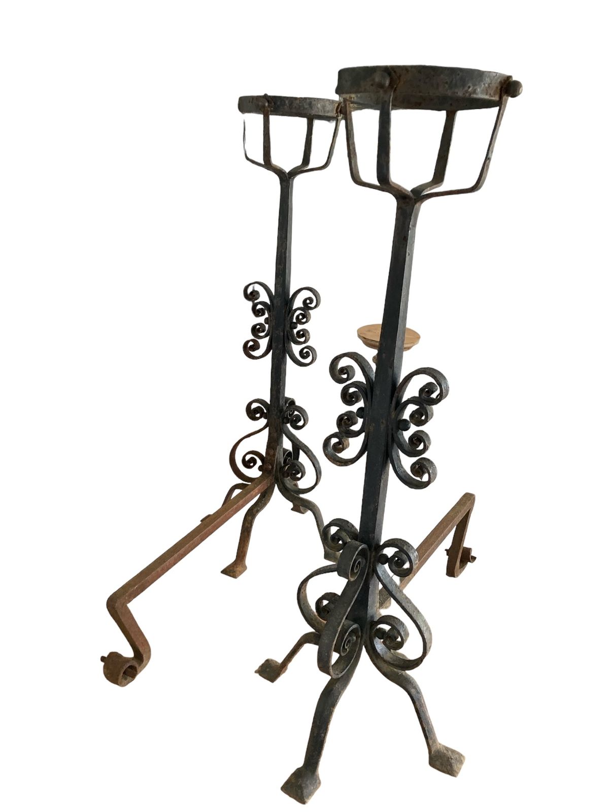 Home Decor A Pair Of Large French Wrought Iron Fire Dogs With Large Fire Baskets photo