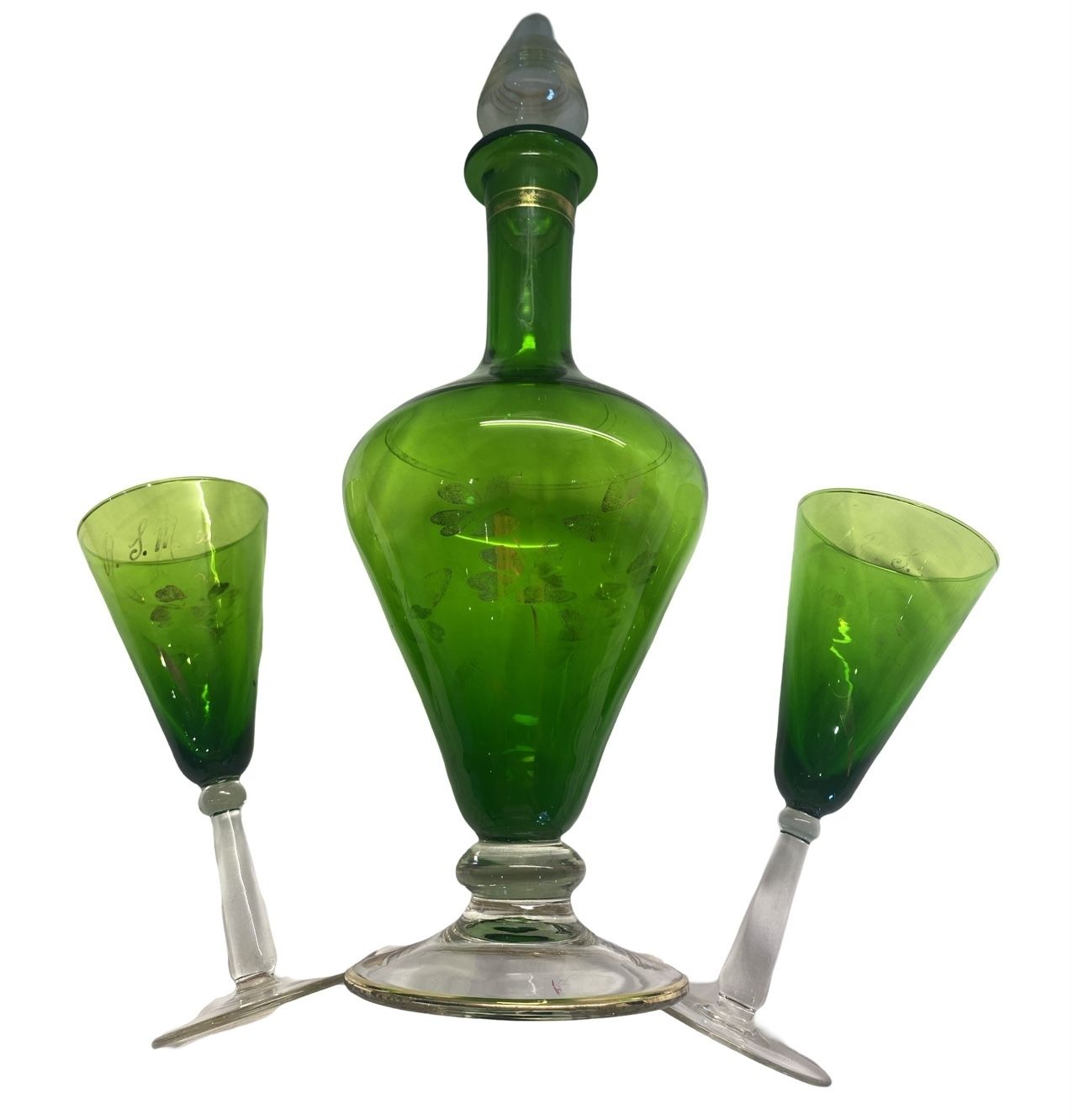 Art Deco Emerald Green Decanter And Wine Glasses