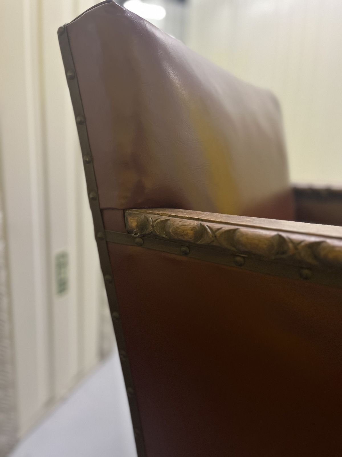 Late Edwardian Arm Chair, Unique Wood Carving And Brown Leather photo for sale