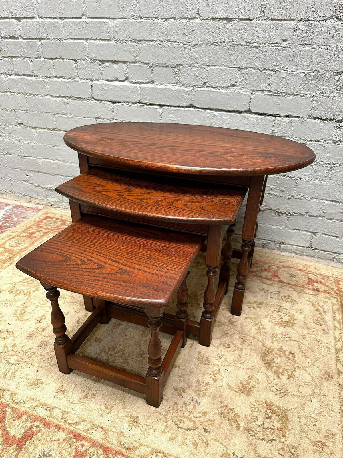 Vintage Old Charm Wood Bros / Oval Oak Nest Of 3 Tables / Tudor Brown