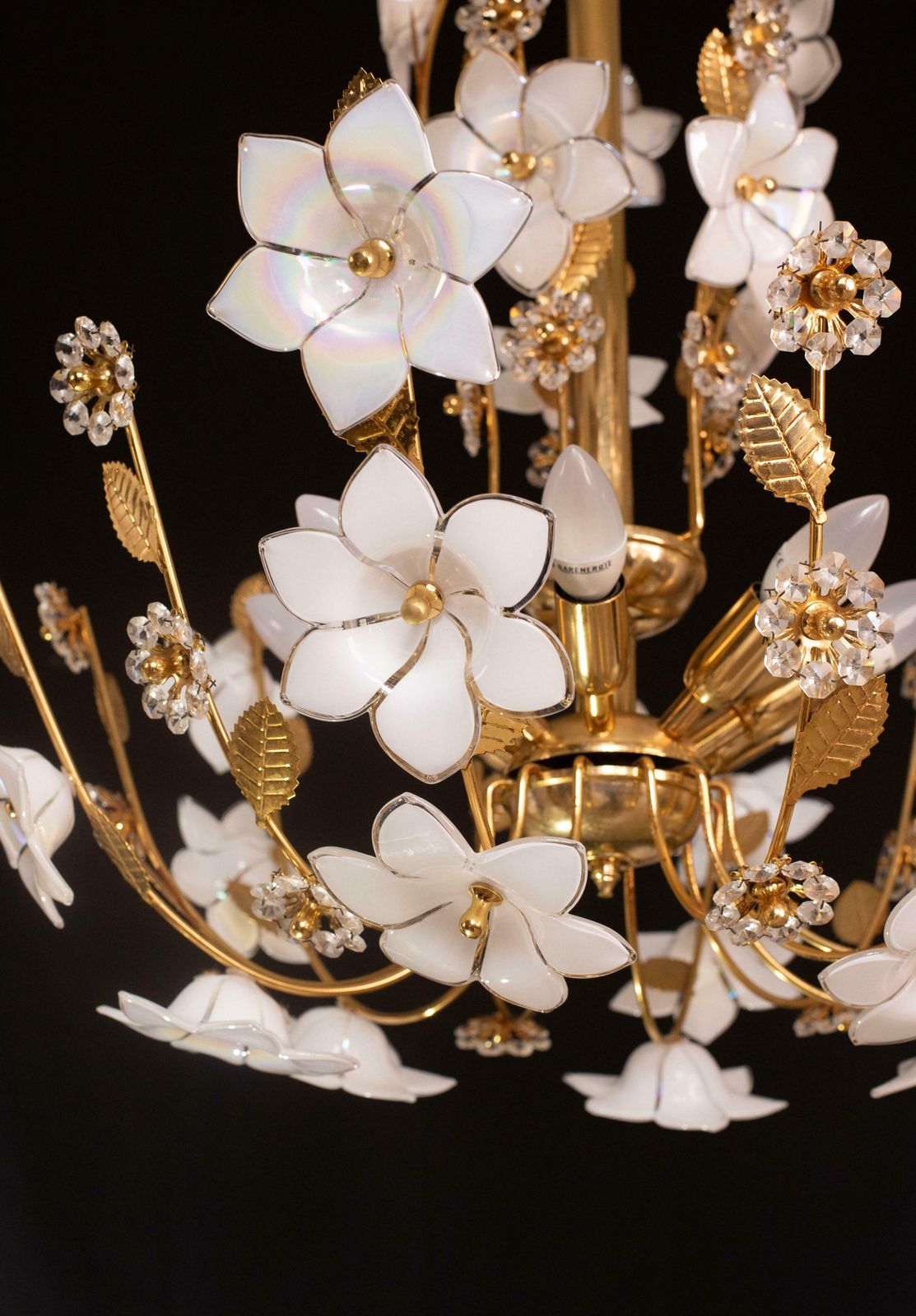 Large Size Vintage Murano Glass Chandelier White Flowers, 1970 photo Lighting