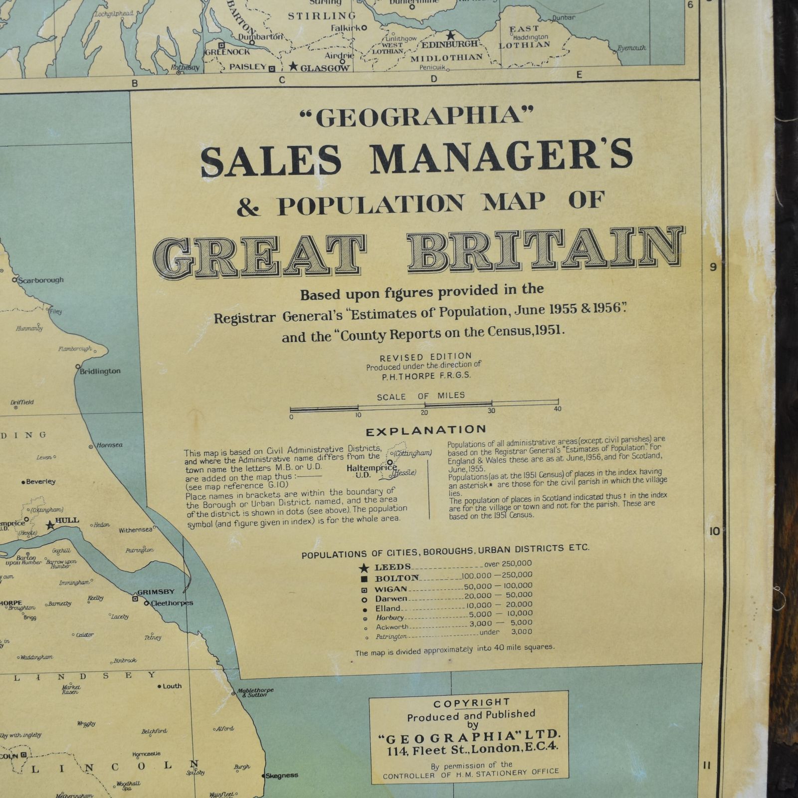 Vintage 1950's Geogriphia Sales Manager's Population Poster Map Of Great Britain photo for sale