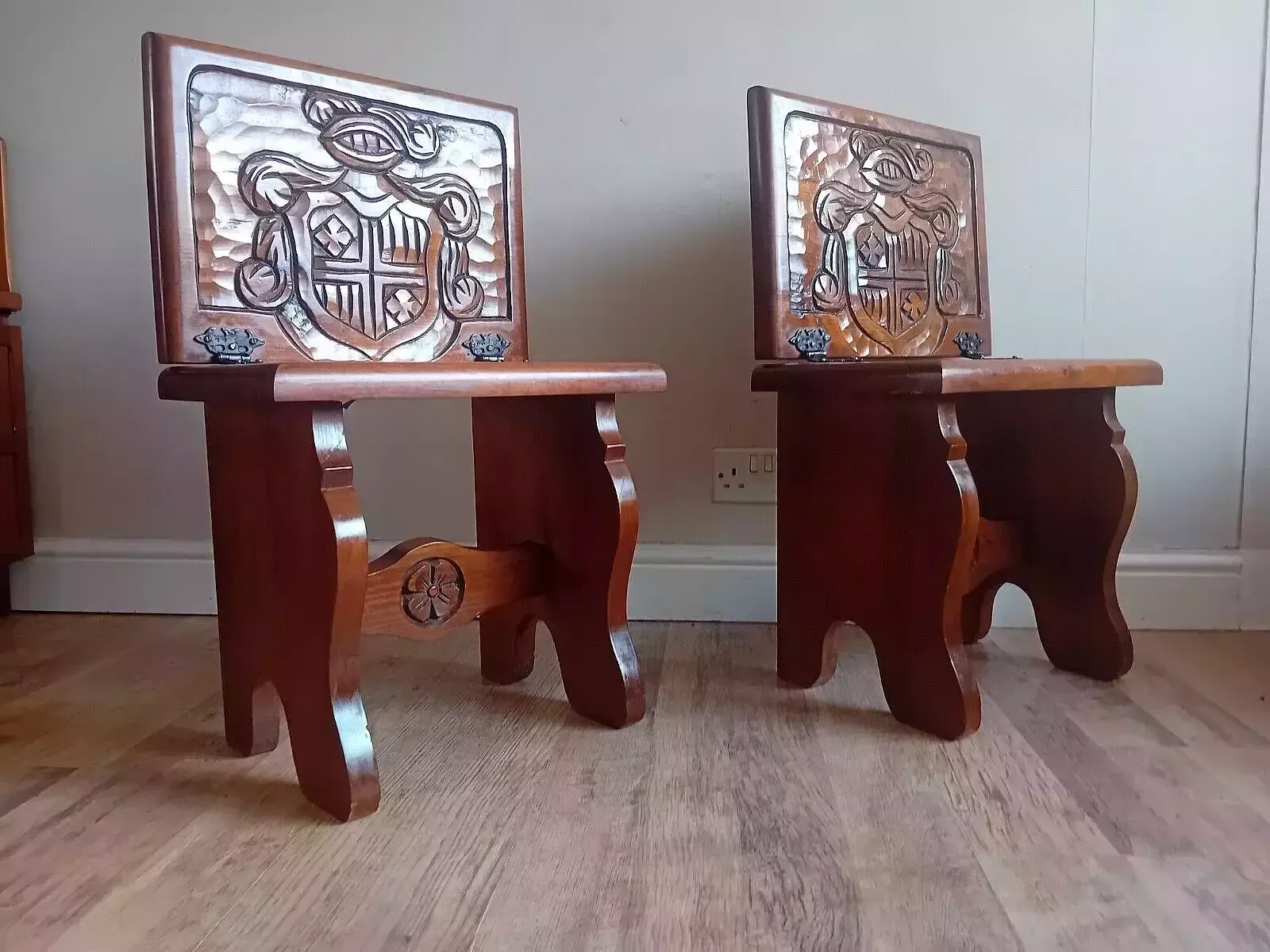 290.0 Super Pair Of Mid Century French/Spanish Carved Oak Metamorphic Seats/Tables photo
