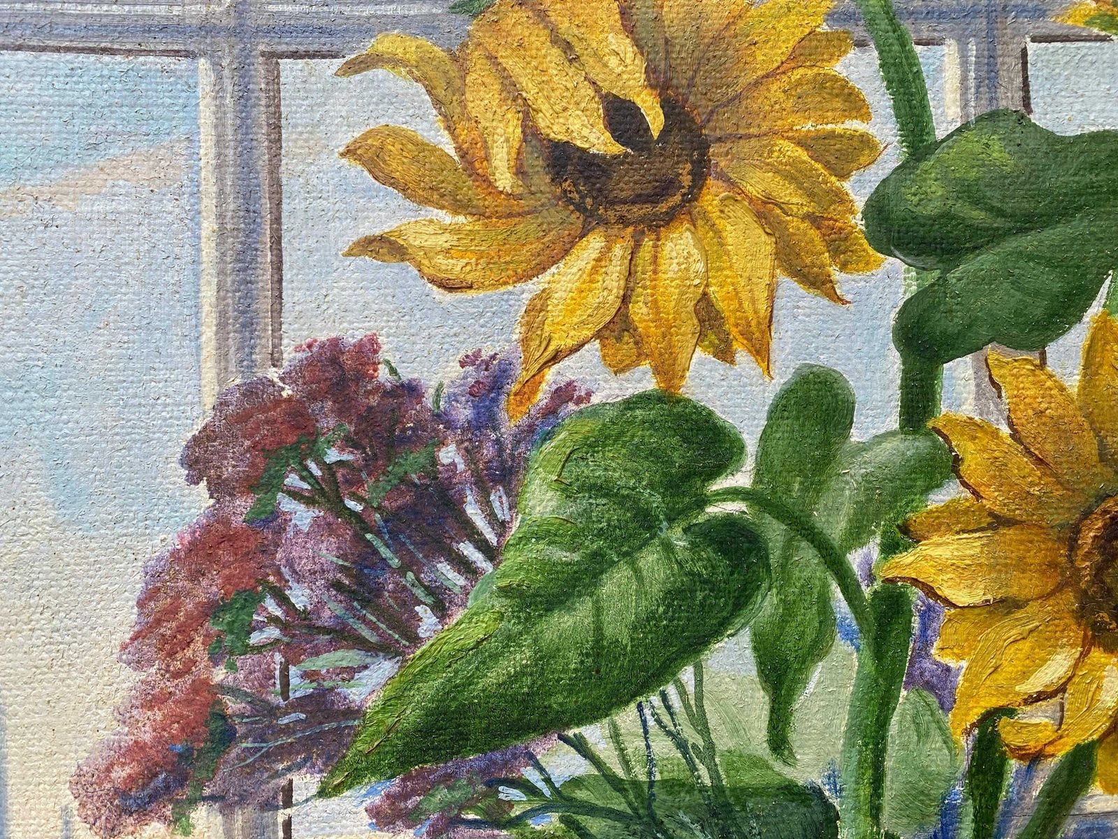 Framed Oil On Canvas C1947 Still Life Sunflowers In Vase Next To Window   Artist F. Augustinus photo 220.0
