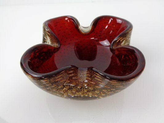 Red & Golg Murano Glass Ashtray By Barovier & Toso, Italy, 1960s photo vintage