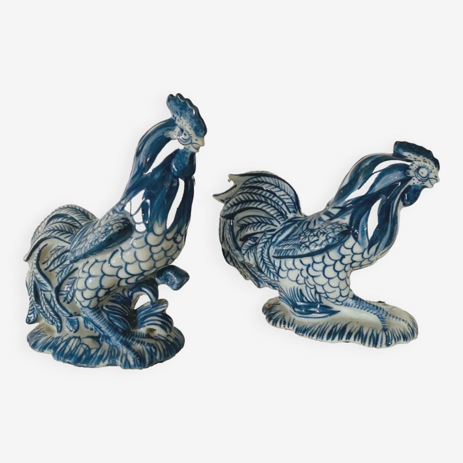 Pair Of Ceramic Roosters In Blue Camaieu 20th Century