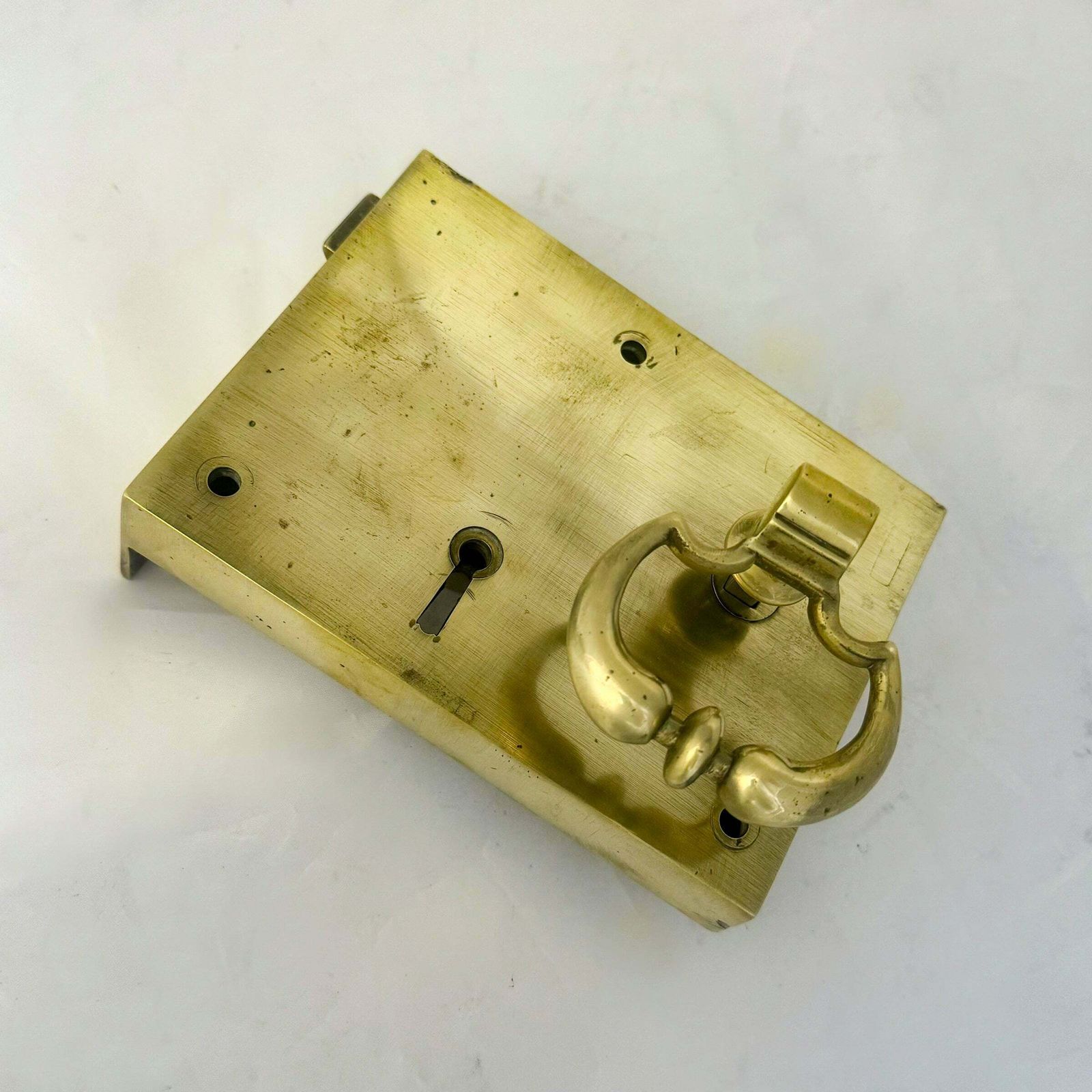 Antique Brass Rim Lock With Dutch Drop Handles And Key photo for sale