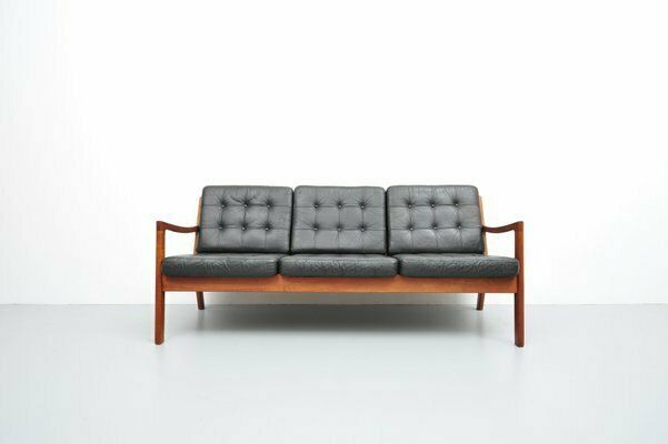 Senator Sofa With Black Leather Cushions By Ole Wascher For France And Son
