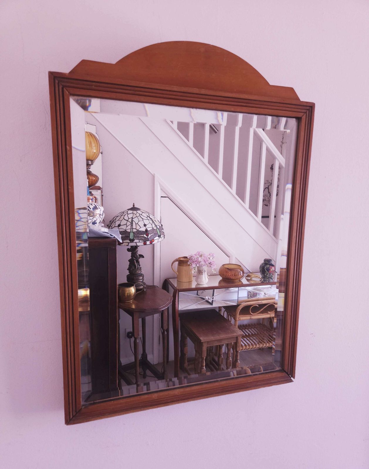 Beautiful Antique Bevelled Mirror In Light Mahogany With Classic Arch Design
