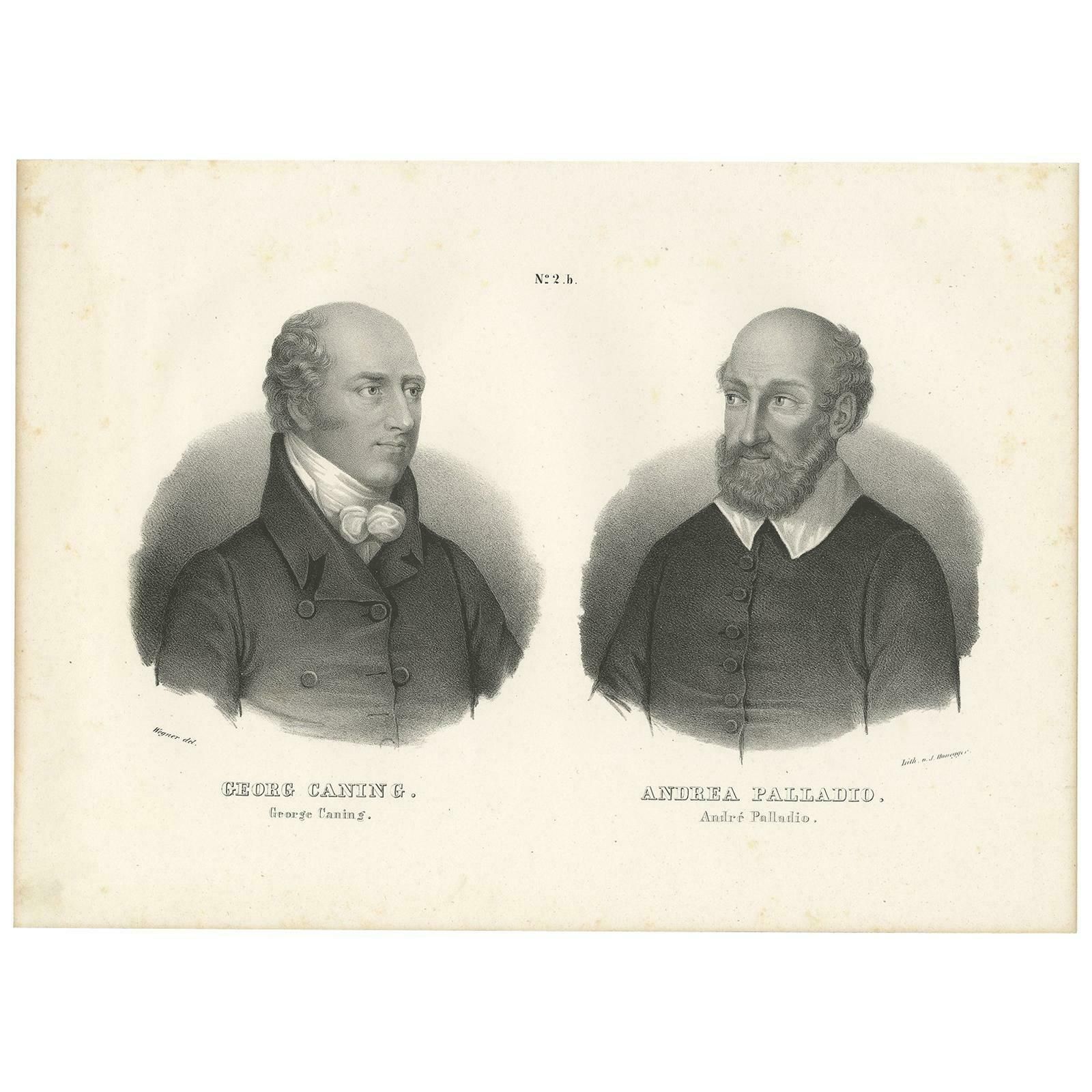 Antique Print Of Georg Caning And Andrea Palladio By Honegger, 1836