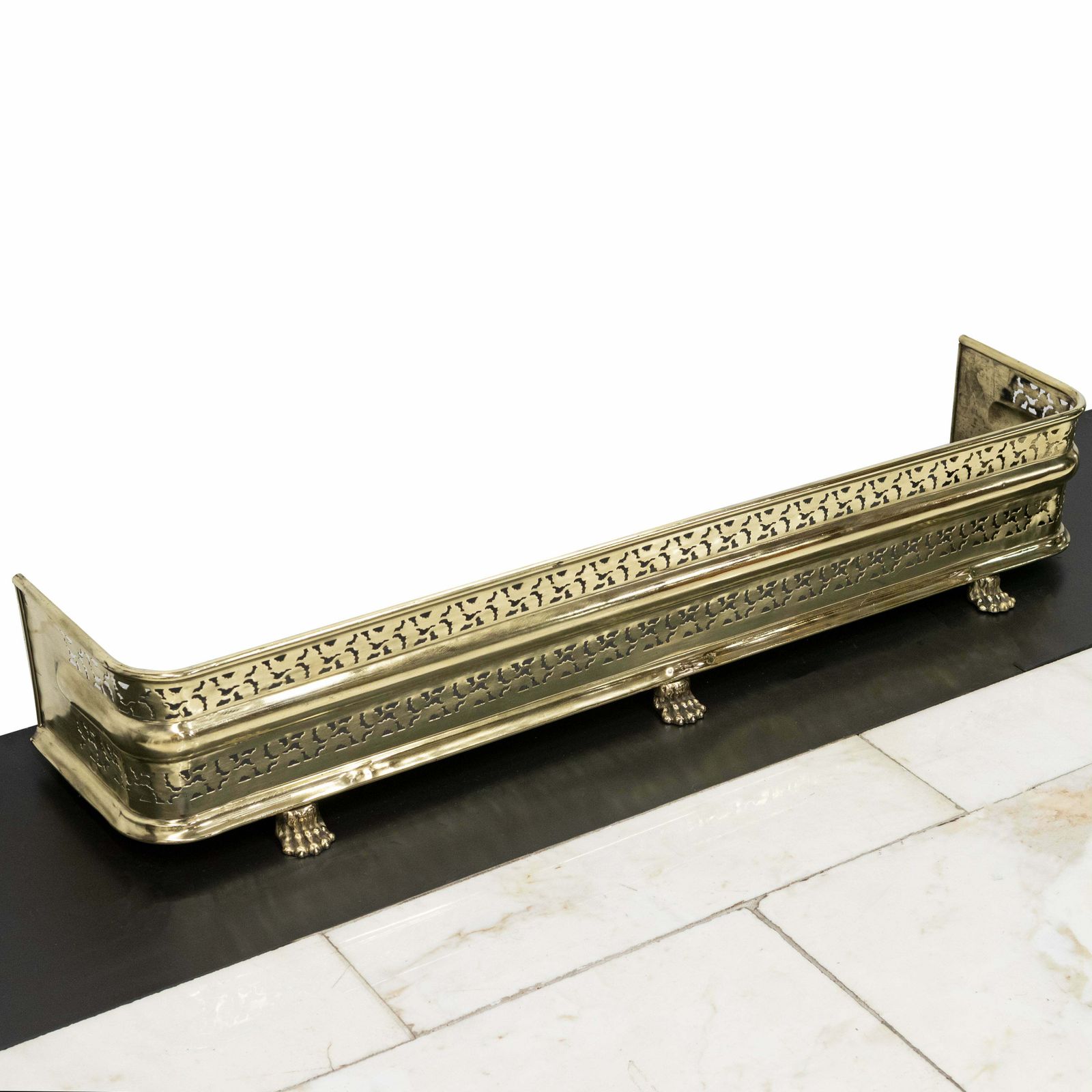 Antique Brass Fireplace Fender With Lion's Paw Feet
