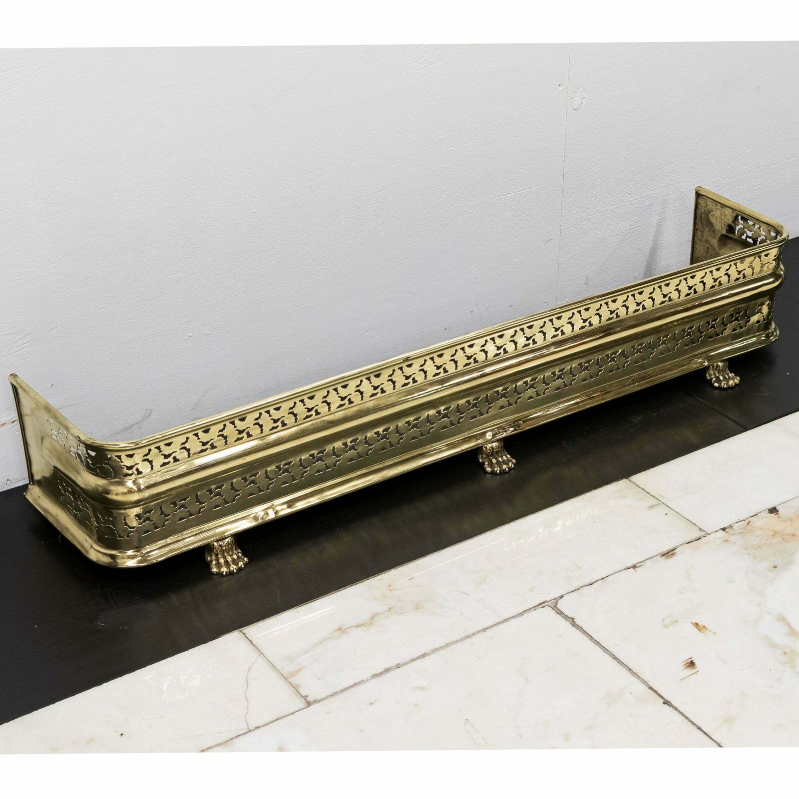 Antique Brass Fireplace Fender With Lion's Paw Feet photo vinterior