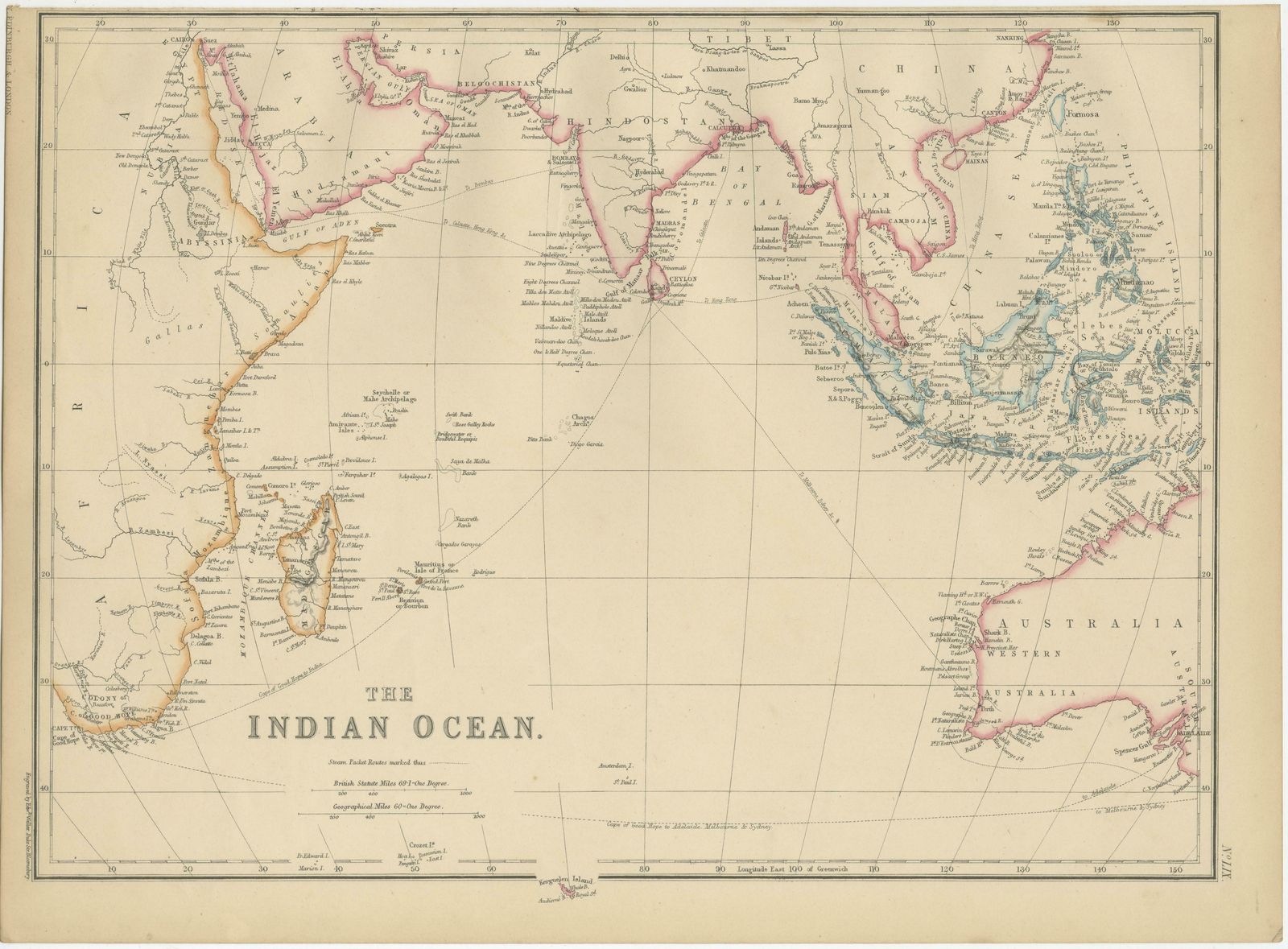 Antique Map Of The Indian Ocean By W. G. Blackie, 1859 photo Art
