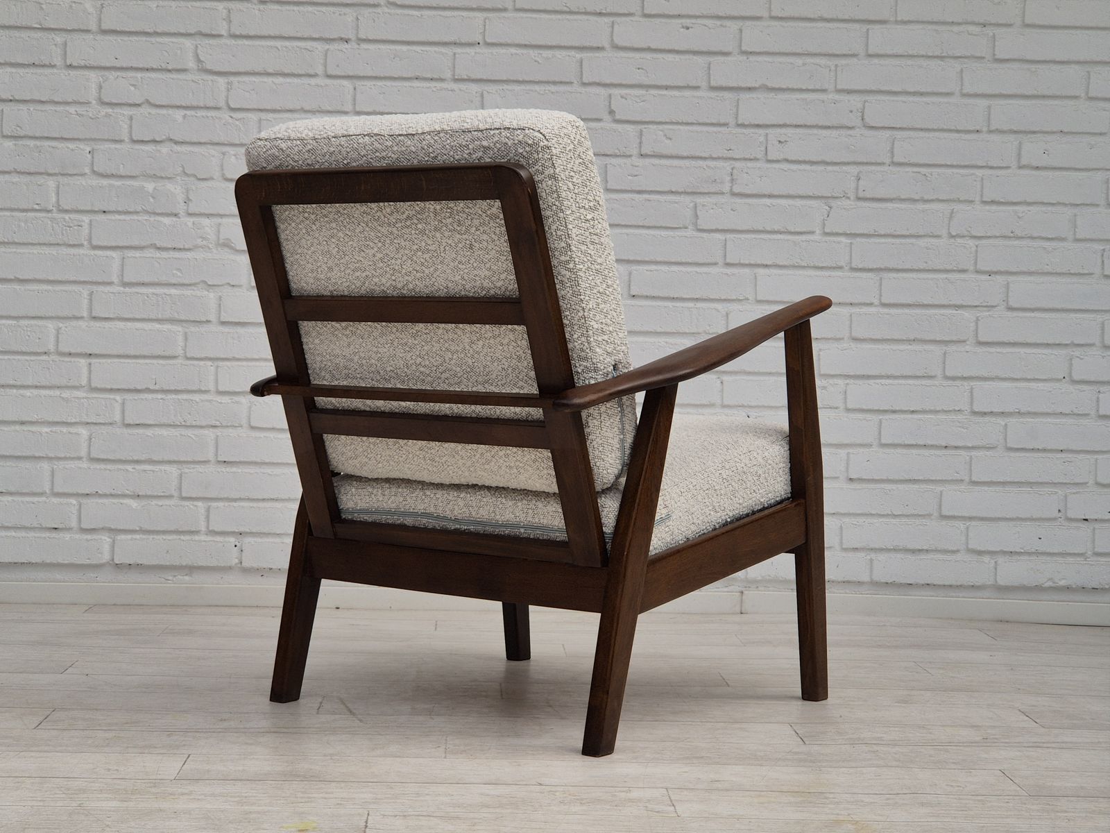1960s, Danish Armchair, Refurbished In Quality White/Grey Furniture Fabric, Beech Wood. photo Furniture