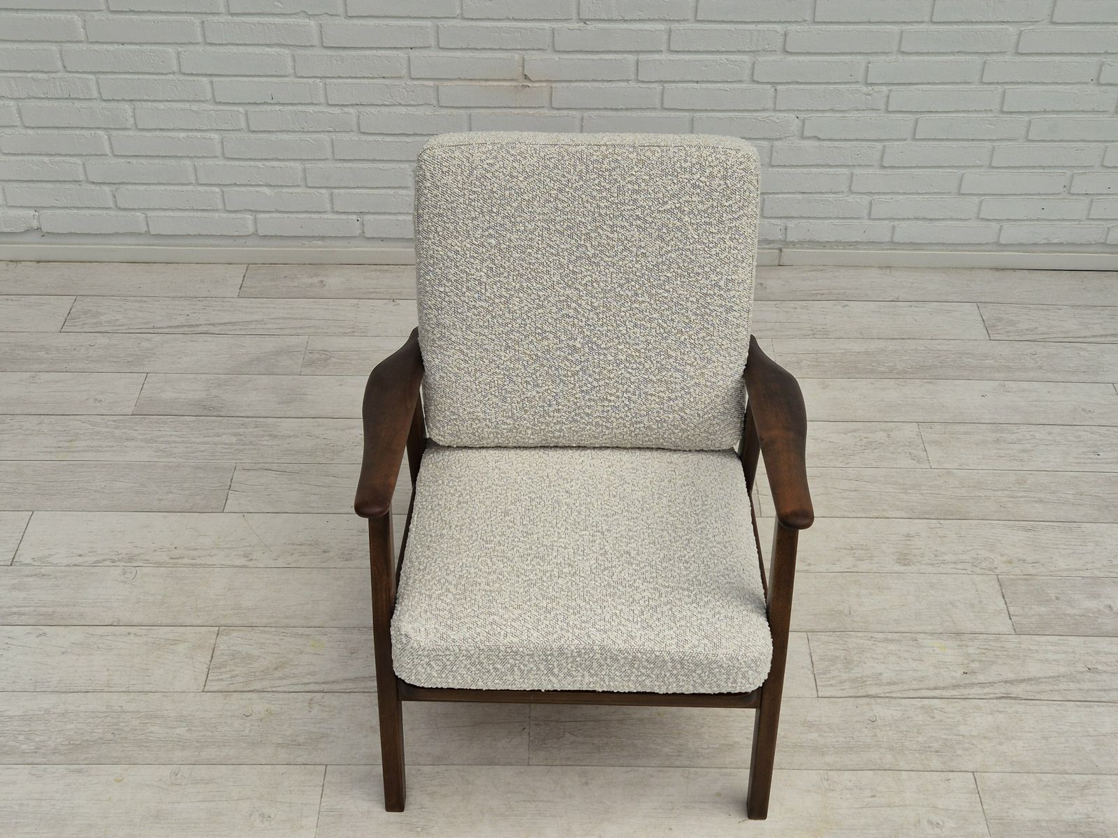1960s, Danish Armchair, Refurbished In Quality White/Grey Furniture Fabric, Beech Wood. photo vintage