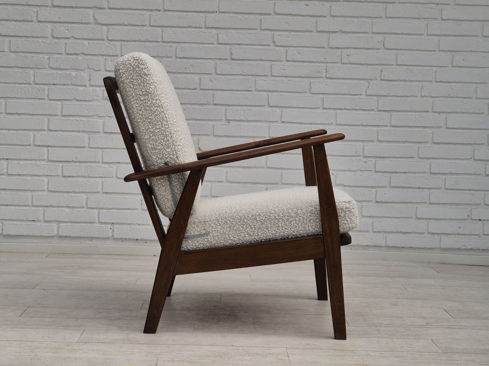 photo for sale 1960s, Danish Armchair, Refurbished In Quality White/Grey Furniture Fabric, Beech Wood.