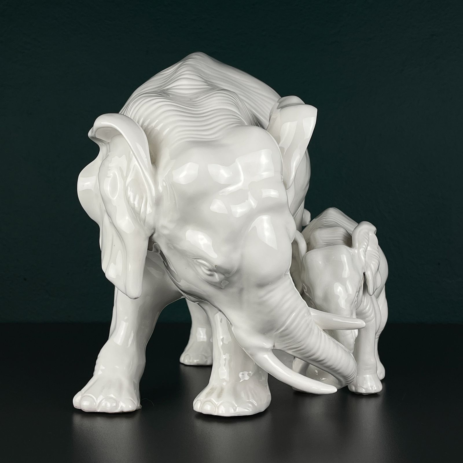 photo furniture White Porcelain Figurine Elephant And Baby By Artepiu Este, Italy 1990s