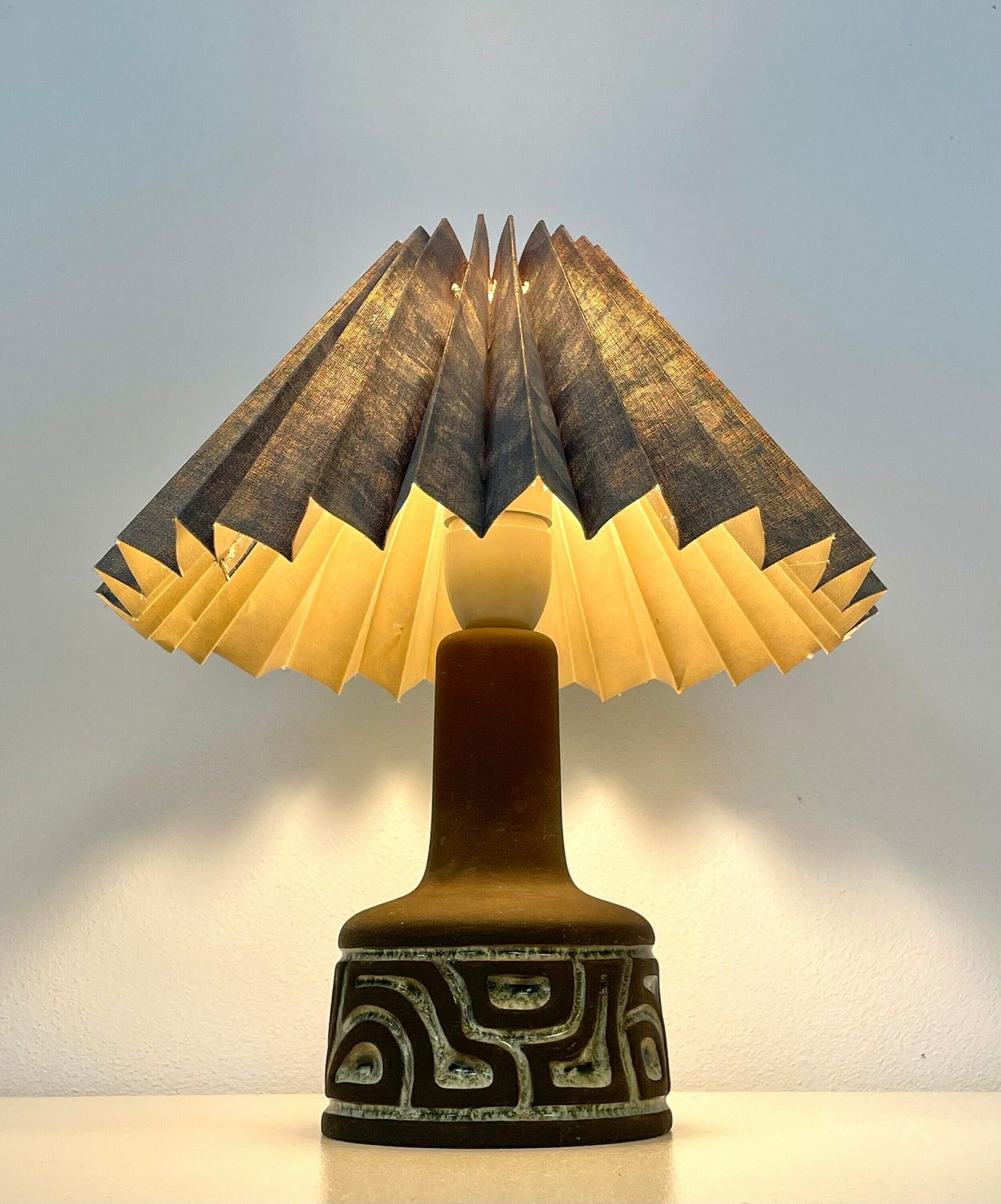 Classic Danish Mid Century Vintage Ceramic Stone Ware Design Table Lamp In Raw Clay And Gorgeous Blue Glaze With Blue Pleated Shade photo furniture