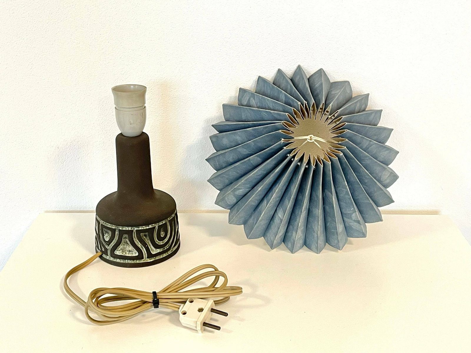 Classic Danish Mid Century Vintage Ceramic Stone Ware Design Table Lamp In Raw Clay And Gorgeous Blue Glaze With Blue Pleated Shade photo 188.0
