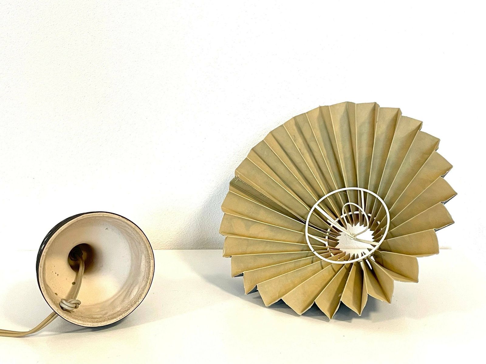 Classic Danish Mid Century Vintage Ceramic Stone Ware Design Table Lamp In Raw Clay And Gorgeous Blue Glaze With Blue Pleated Shade photo vinterior