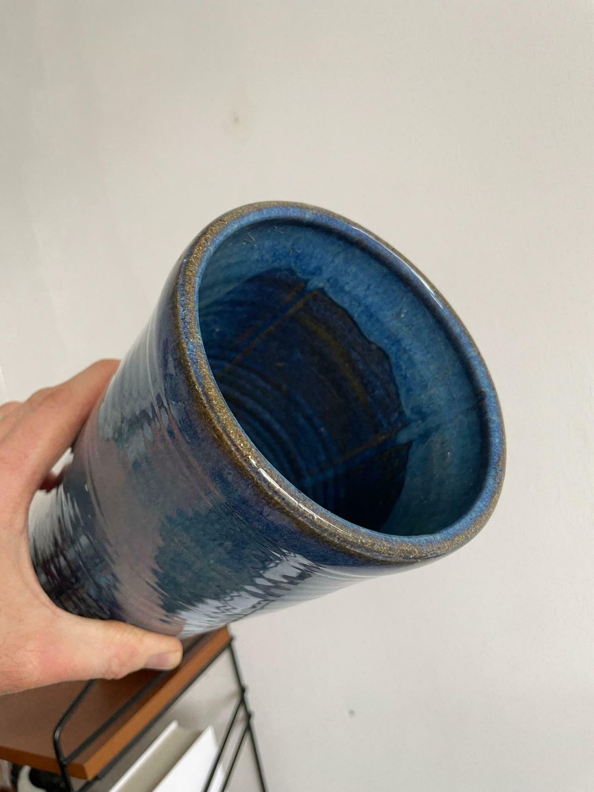 Large Ink Blue Studio Pottery Vase With Mottled Sky Like Glaze photo vintage