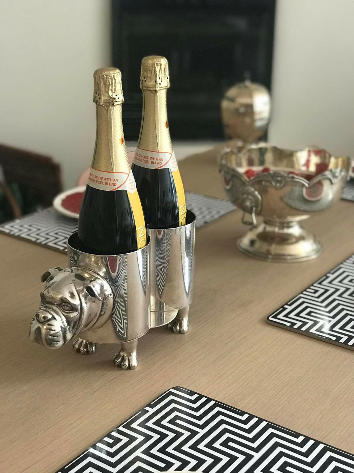 Silver Plate Vintage Wine Bottle Holder Bulldog Shaped 1960s Spain Bar Cart Decor, Animal Lover Gift, Champagne Holder Ice Bucket Luxury photo vintage