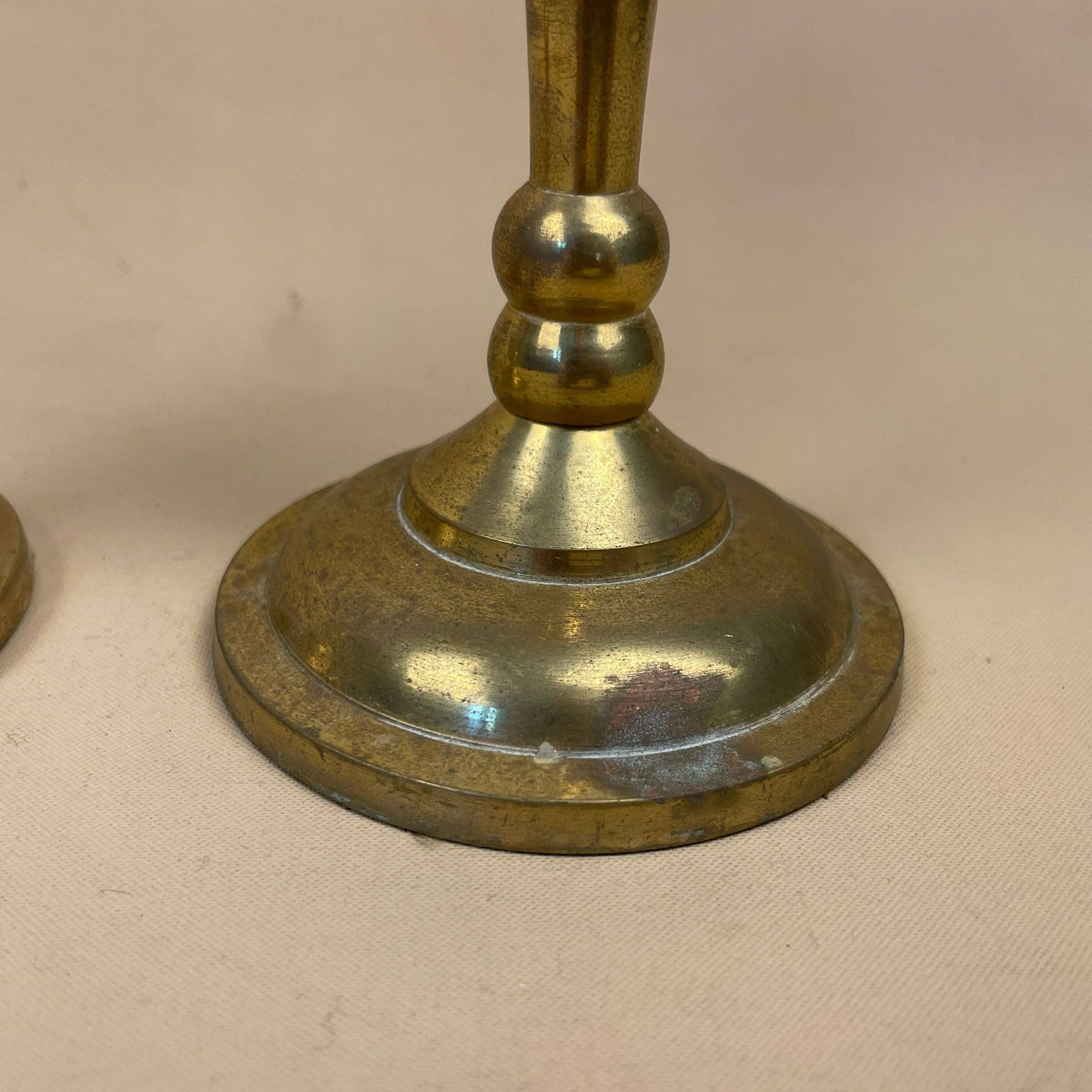 Antique Matching Pair Of Gold Brass Metal Candlestick Candle Stick Vintage Column Taper Candlesticks Round Base Set Twisted Twist Dinner photo Home Decor