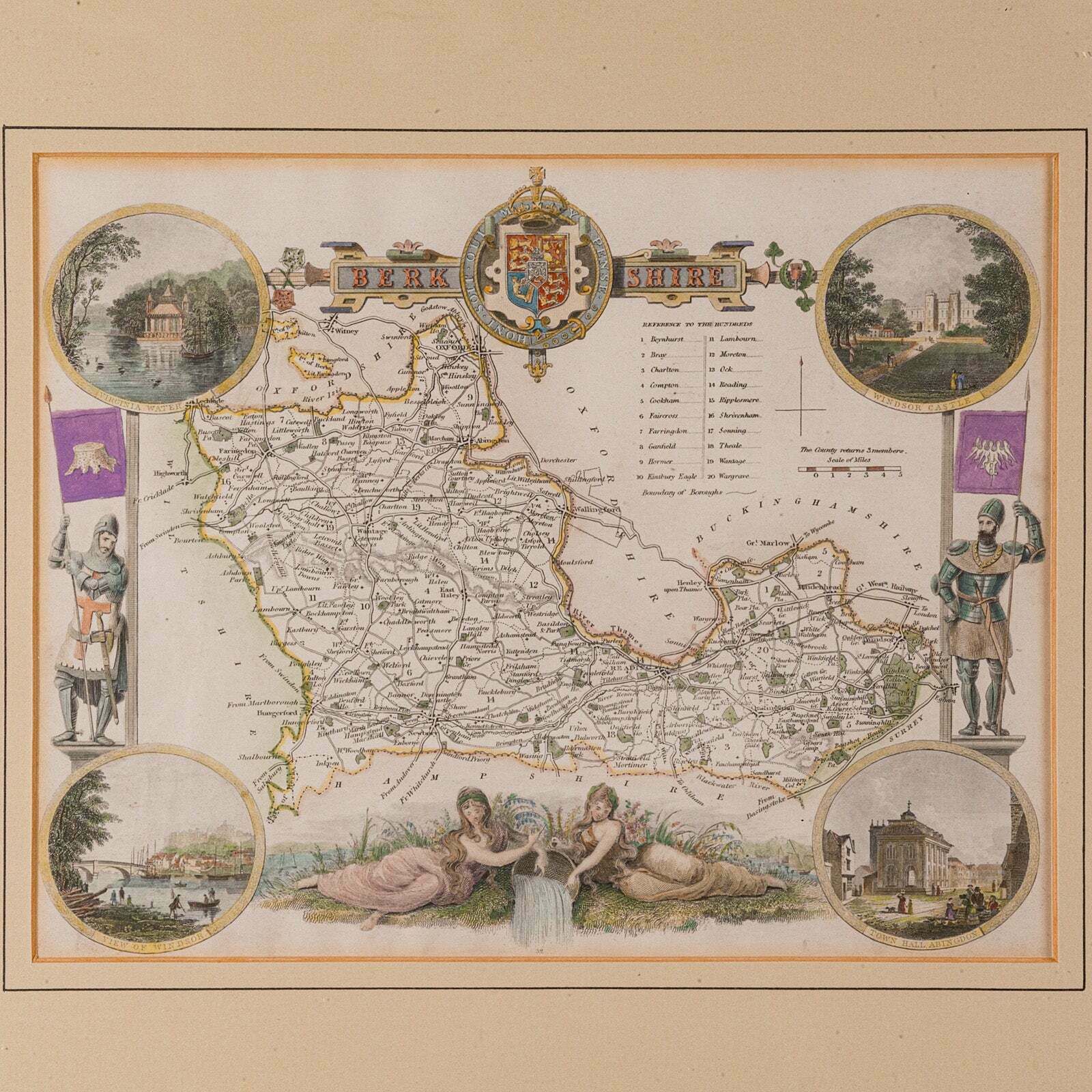 Antique Berkshire Map, English County, Framed Engraving, Cartography, Lithograph photo 365.0