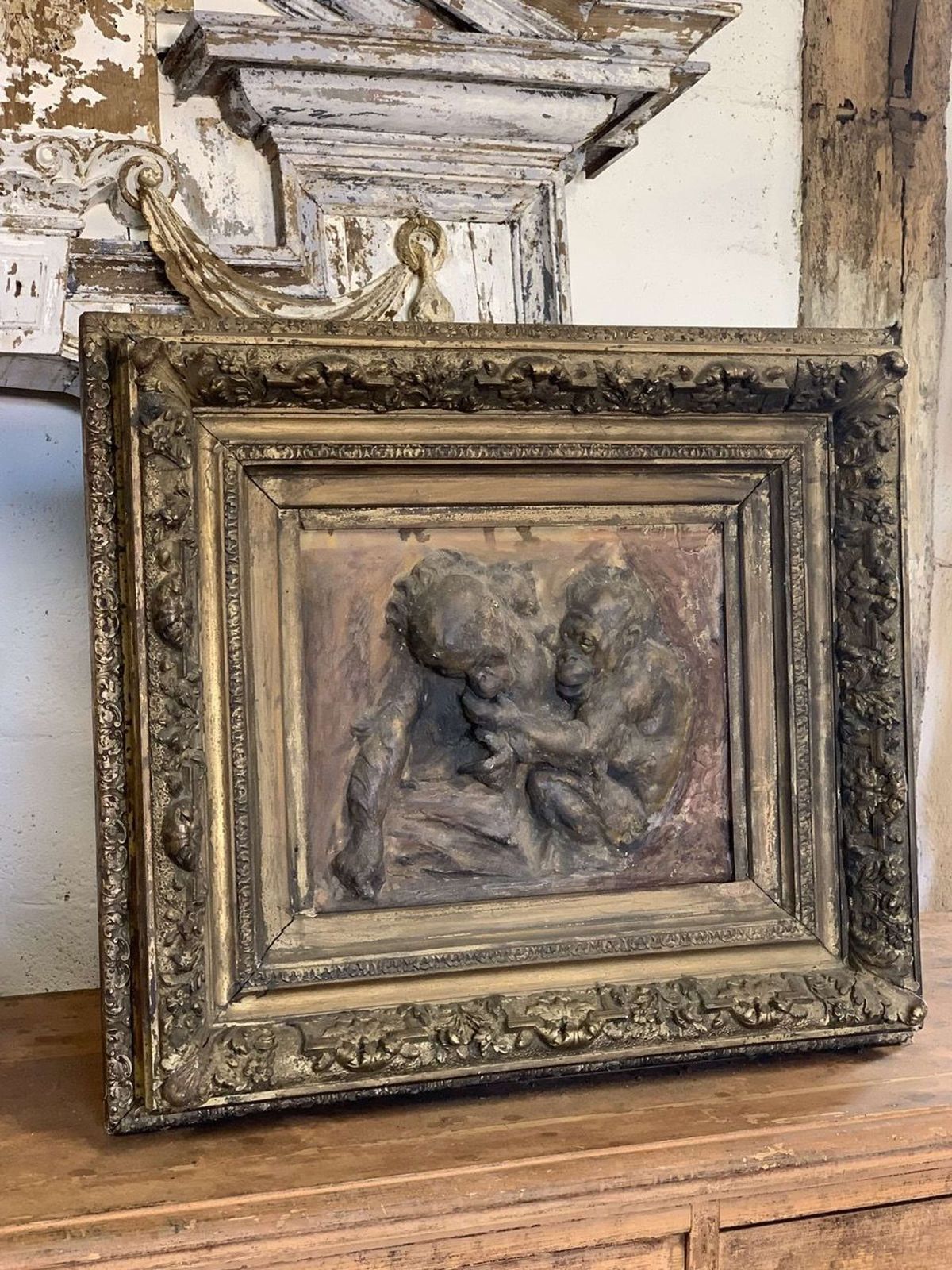 Antique Signed Plaster Plaque Depicting Orangutans photo for sale