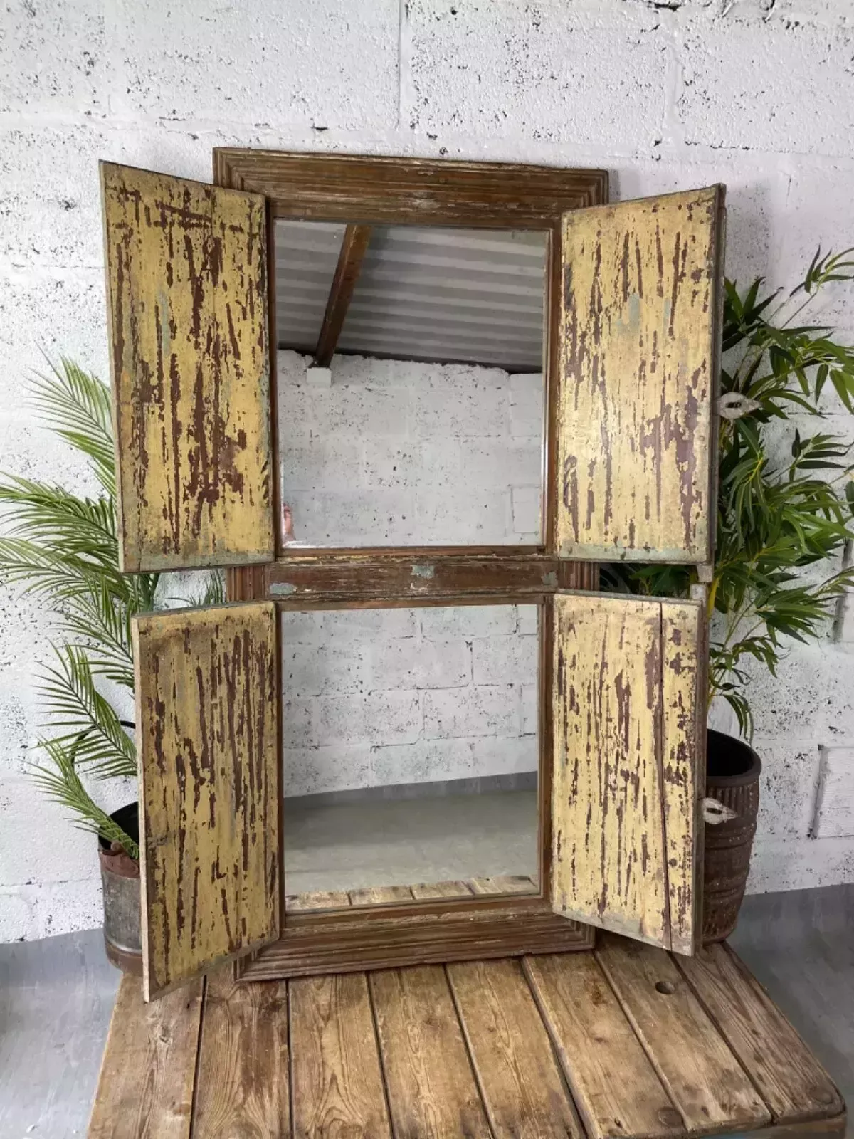 Large Vintage Antique Reclaimed Indian Solid Wooden Window Frame Garden Mirror photo Home Fixtures