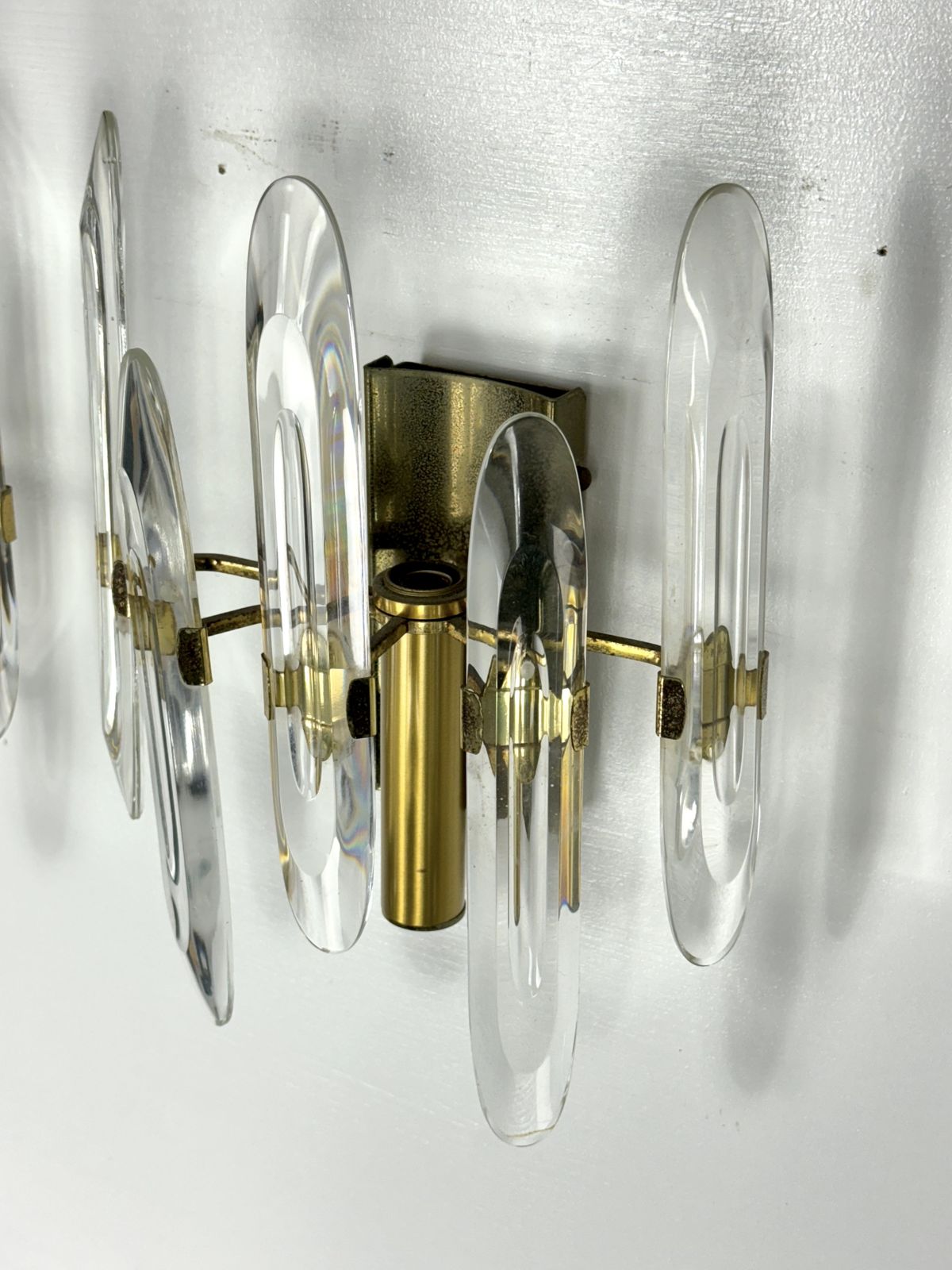 Sciolari, Set Of Two Large Sconces In Glass And Gilded Brass. Italy 1970s photo vintage