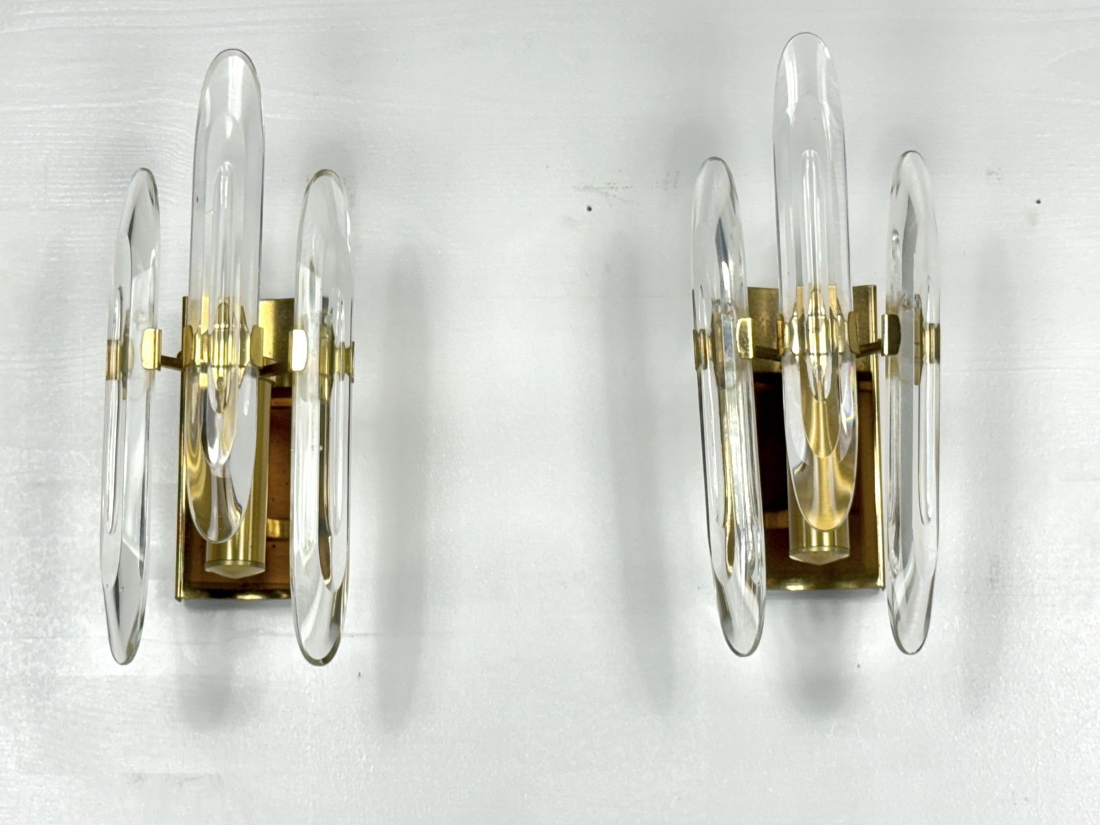 Pair Of Sciolari Sconces In Glass And Gilded Brass. Italy 1970s photo furniture