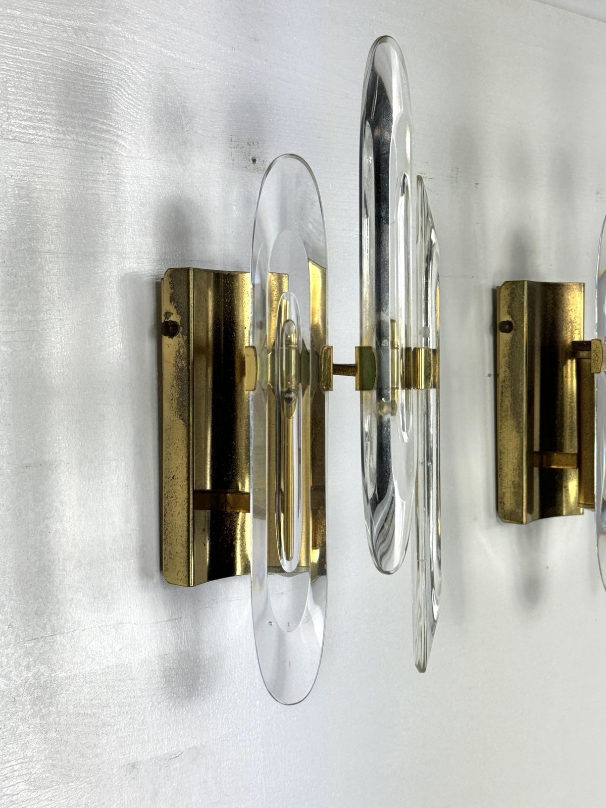 Pair Of Sciolari Sconces In Glass And Gilded Brass. Italy 1970s photo vintage