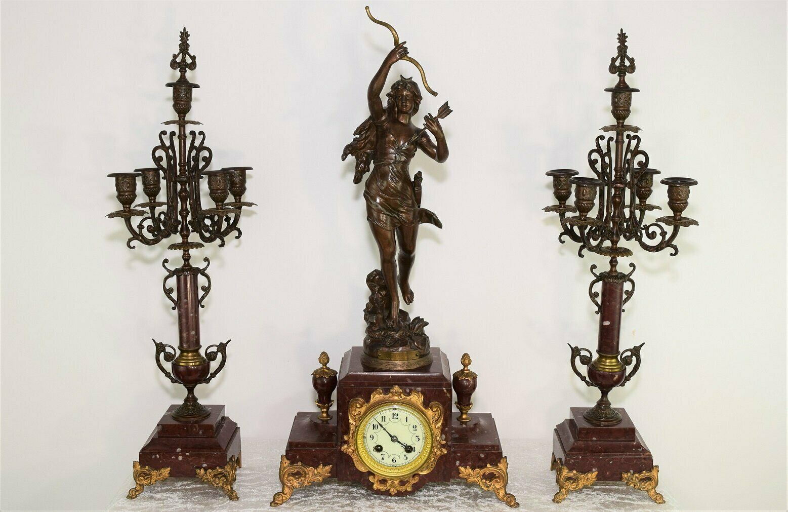 19th Century French Rouge Marble Mantel Clock With Candelabra Garnitures