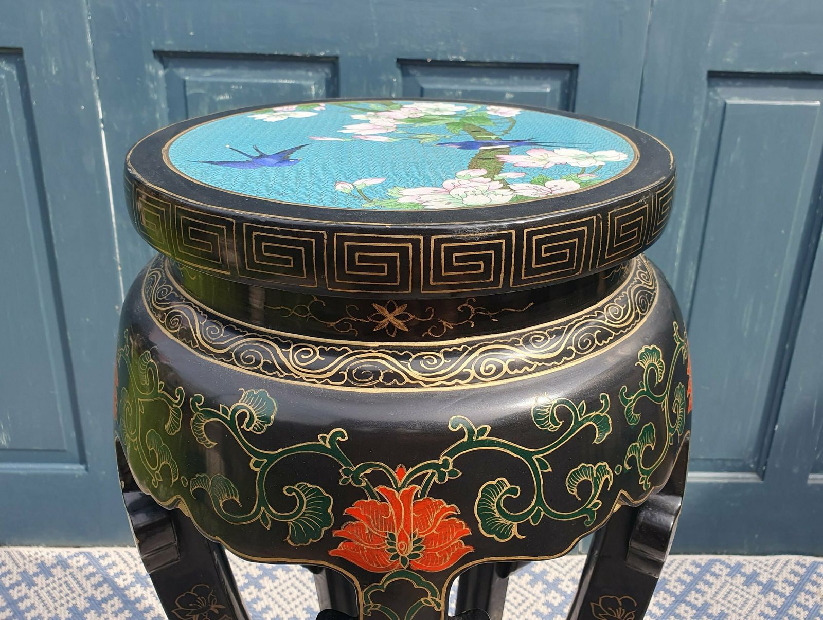 Black Lacquered Chinoiserie Jardiniere Stand With Cloisonne Top photo 1065.0