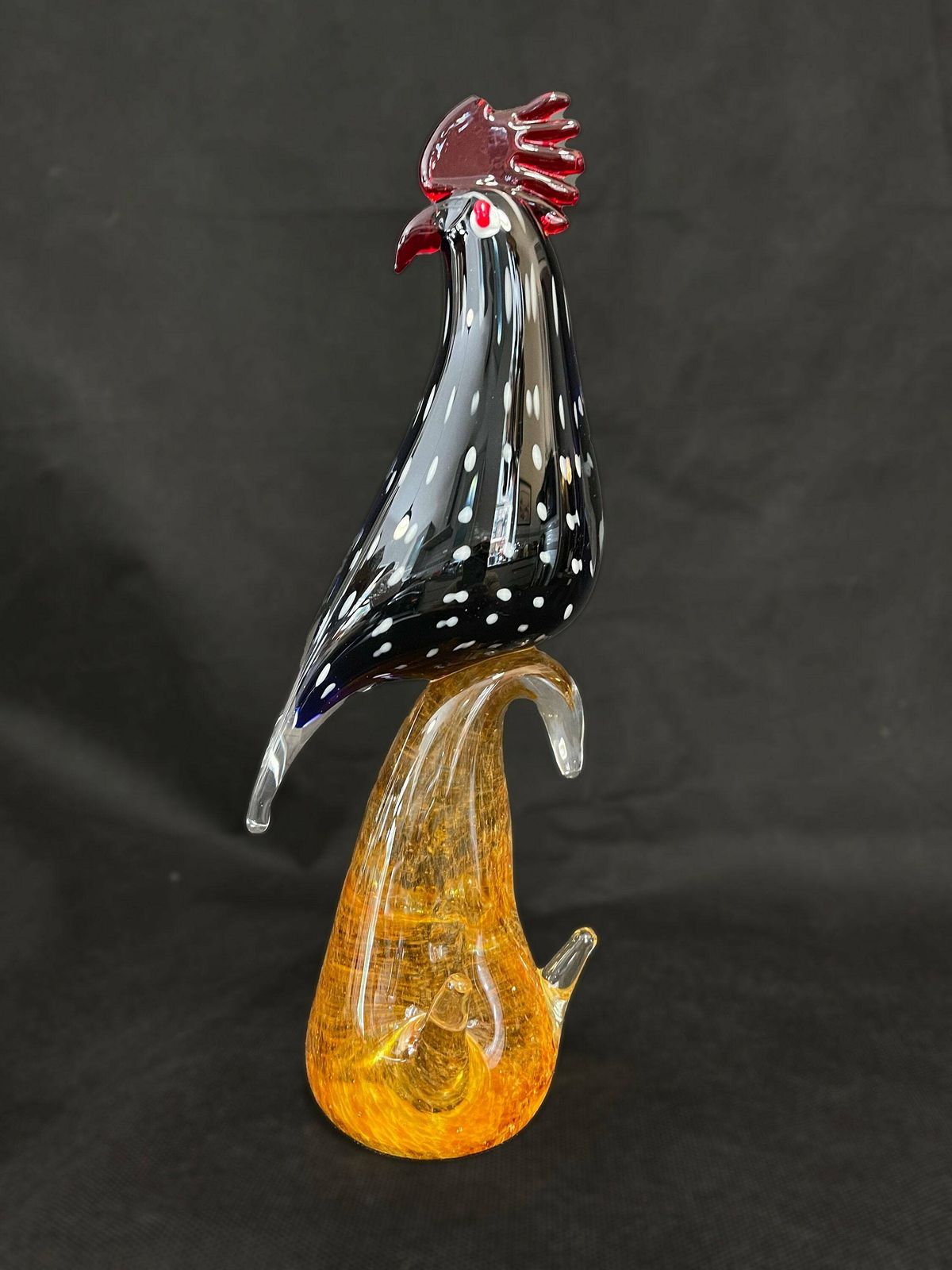 Mid Century Cockerel Rooster Polka Dots Art Glass Bird Figure On Glass Stand photo vinterior