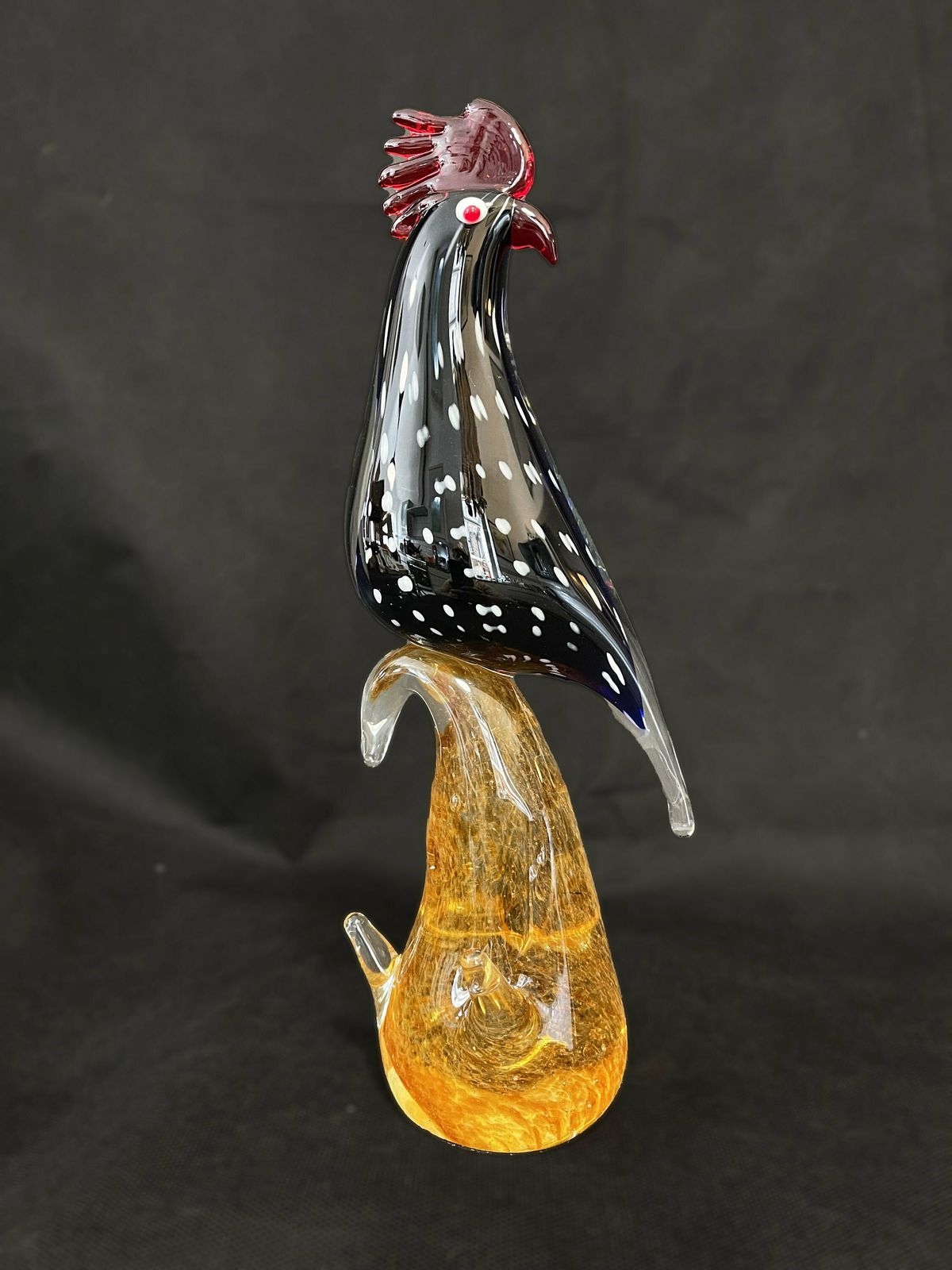 photo for sale Mid Century Cockerel Rooster Polka Dots Art Glass Bird Figure On Glass Stand